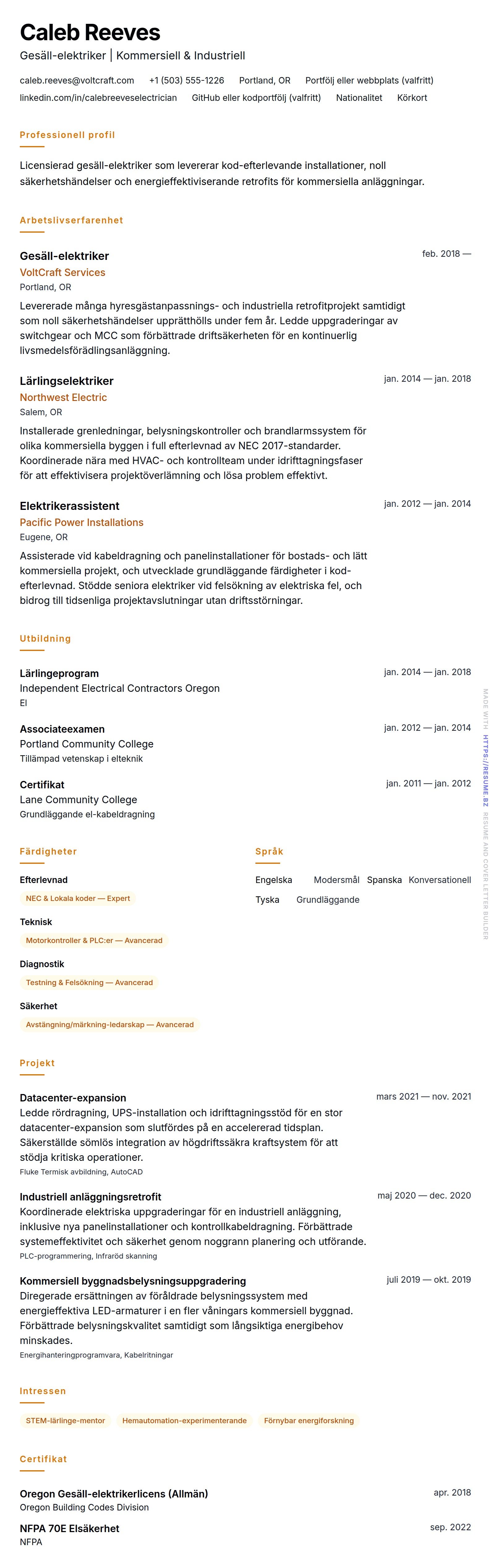CV-förhandsgranskning för Elektriker CV-exempel