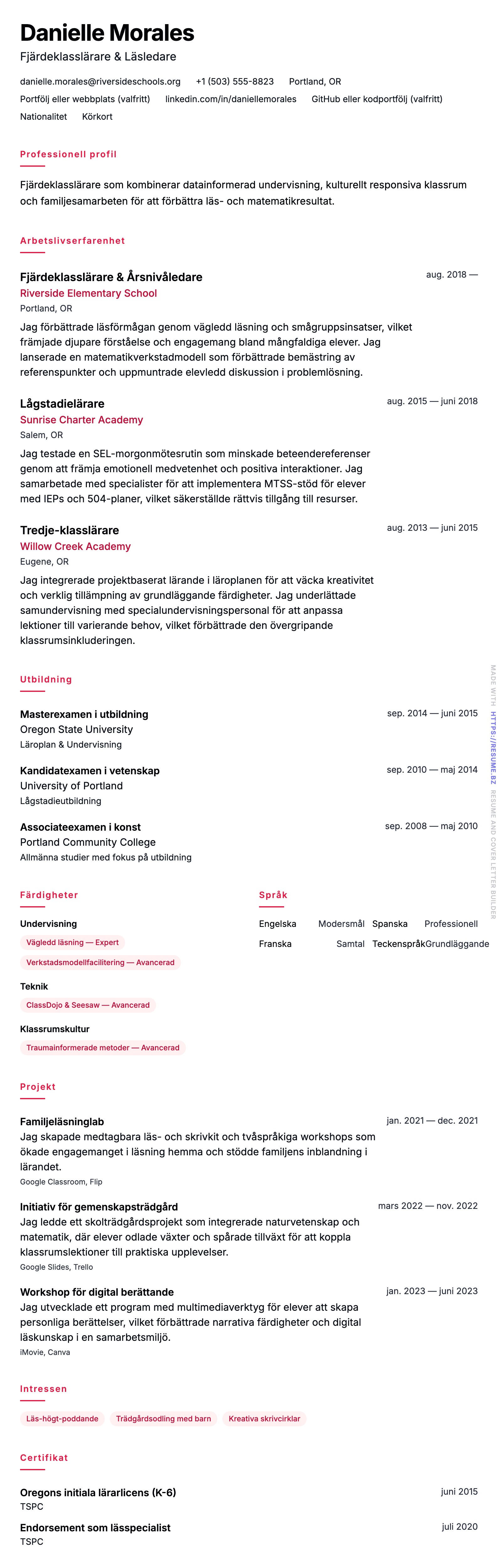 CV-förhandsgranskning för Exempel på CV för lågstadielärare