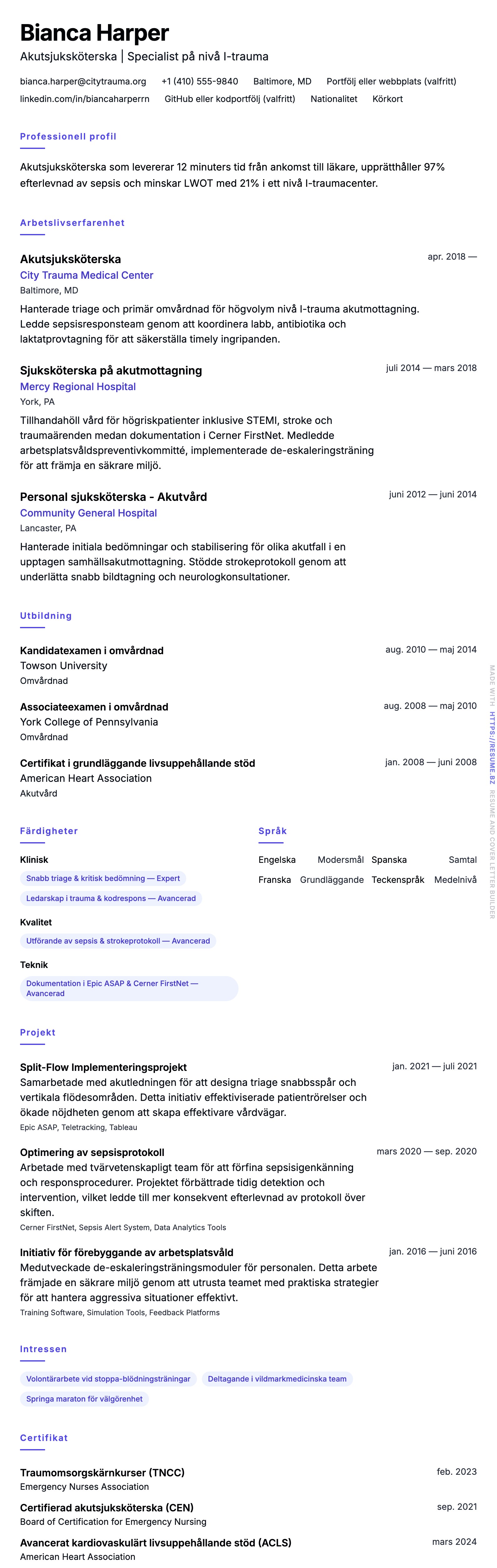 CV-förhandsgranskning för Exempel på CV för akutsjuksköterska (ER)