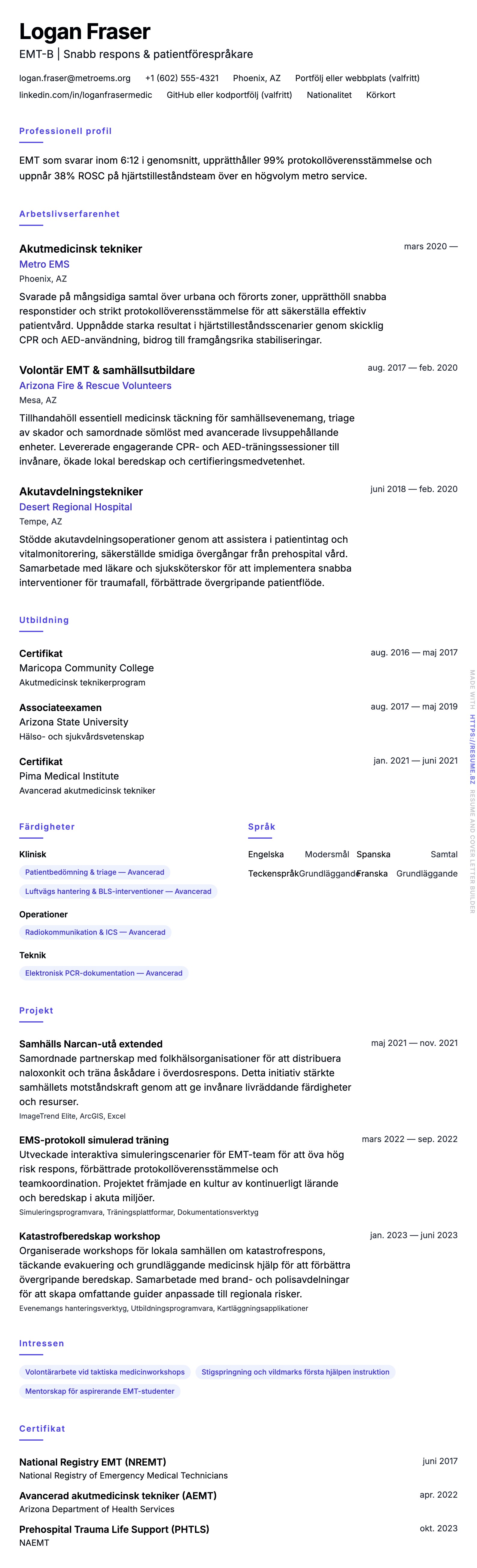 CV-förhandsgranskning för Exempel på CV för akutmedicinsk tekniker (EMT)