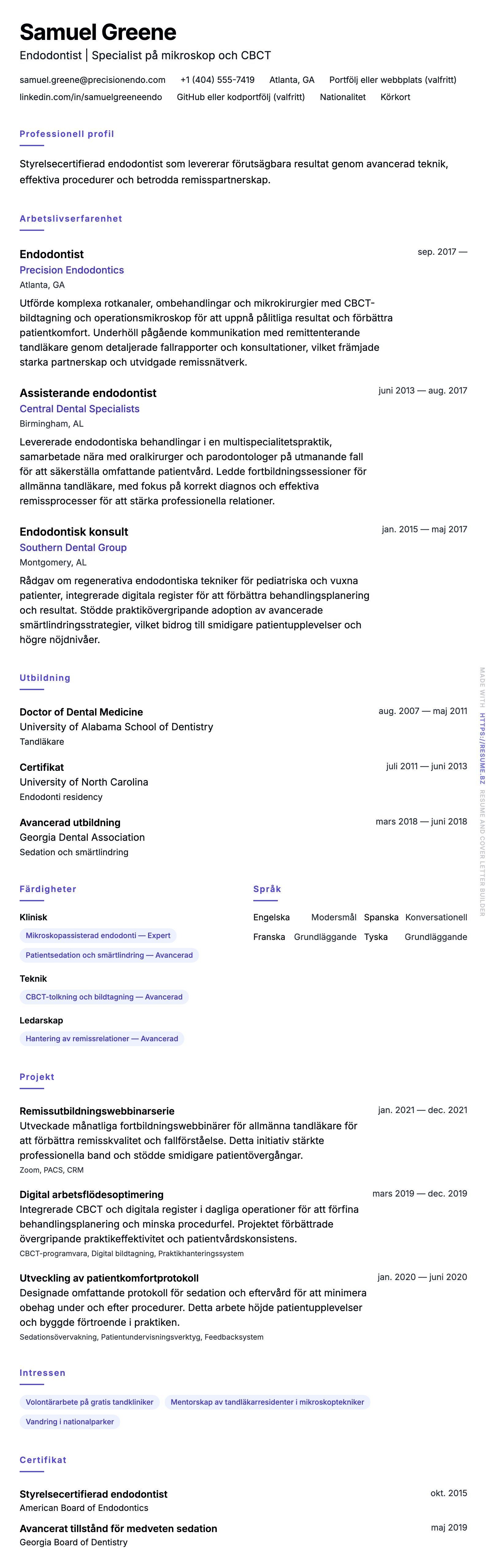 CV-förhandsgranskning för Exempel på endodontist-CV