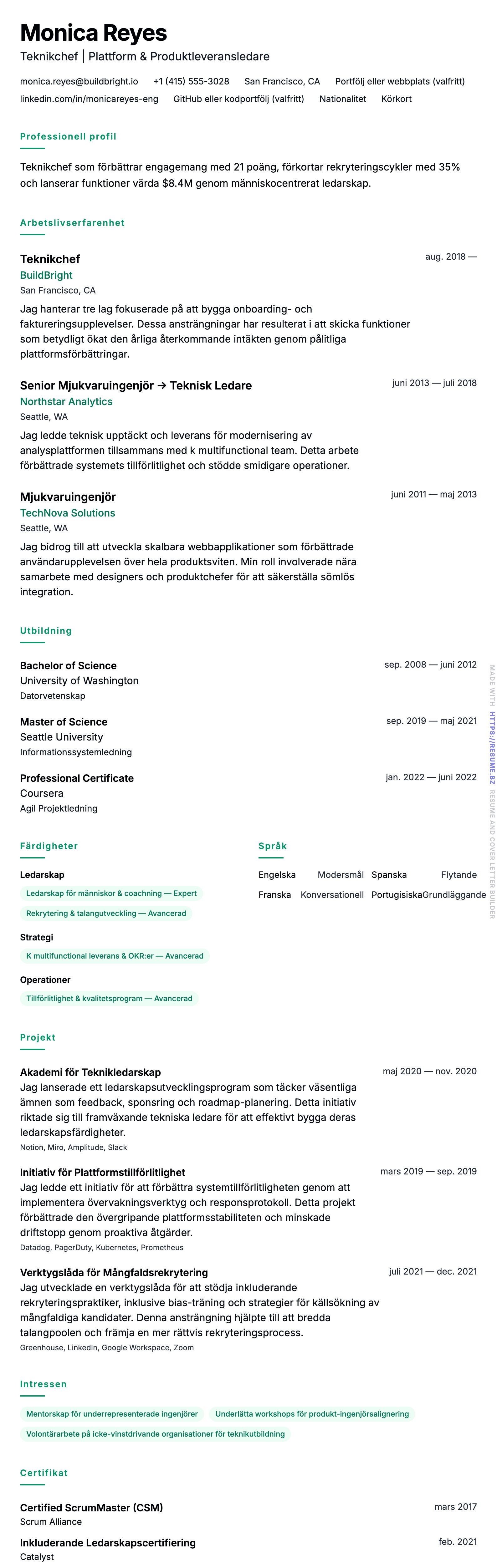 CV-förhandsgranskning för Teknikchef CV-exempel