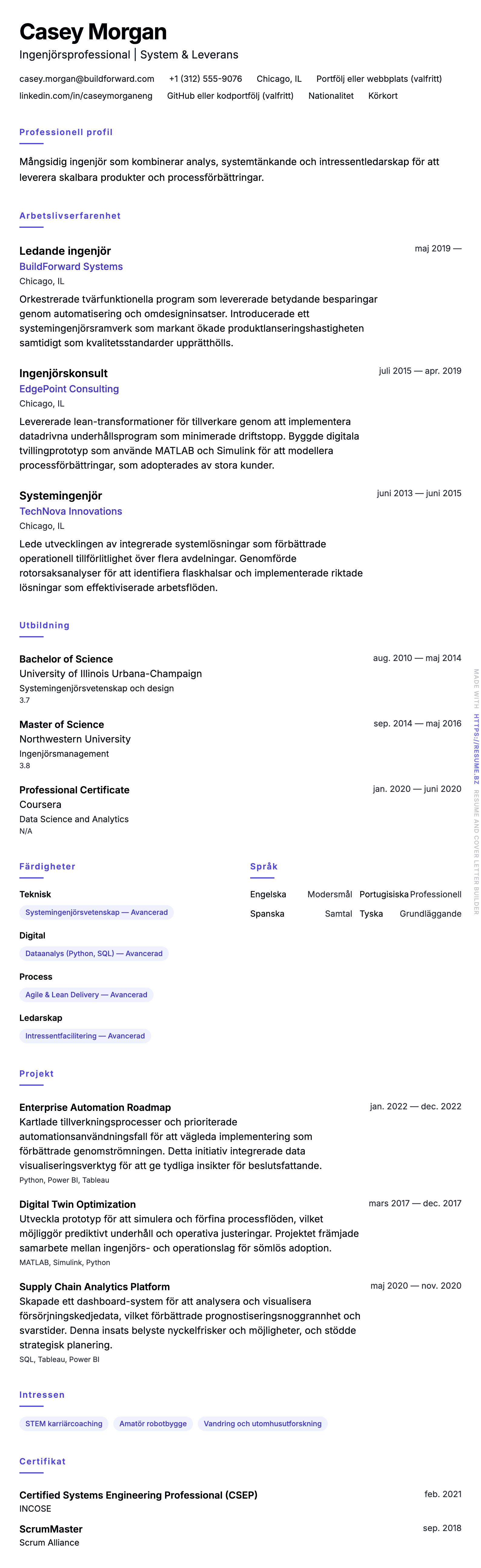 CV-förhandsgranskning för Exempel på ingenjörs-CV