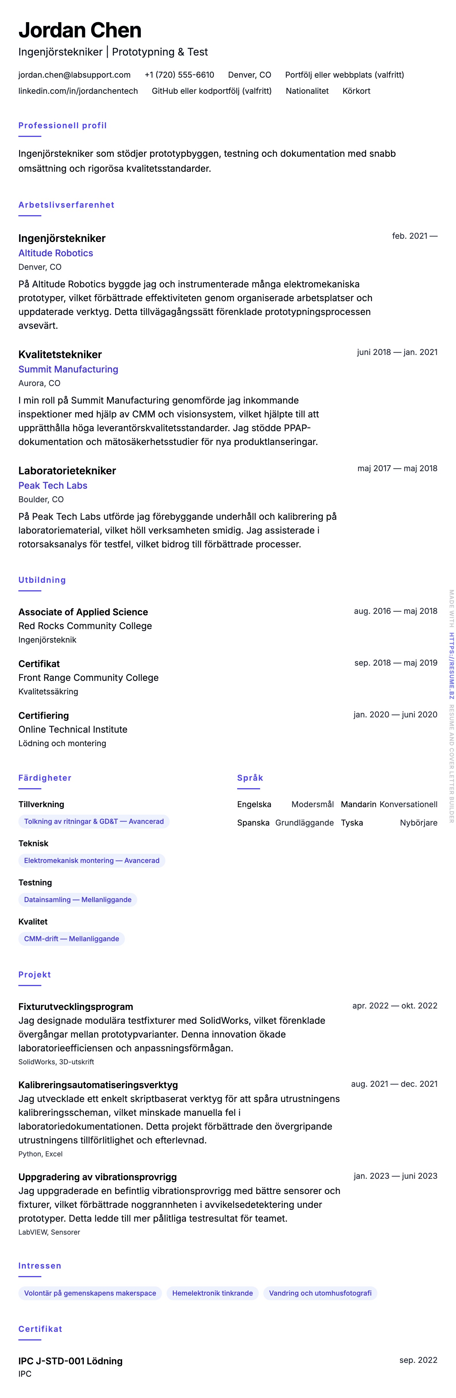 CV-förhandsgranskning för Tekniker CV-exempel