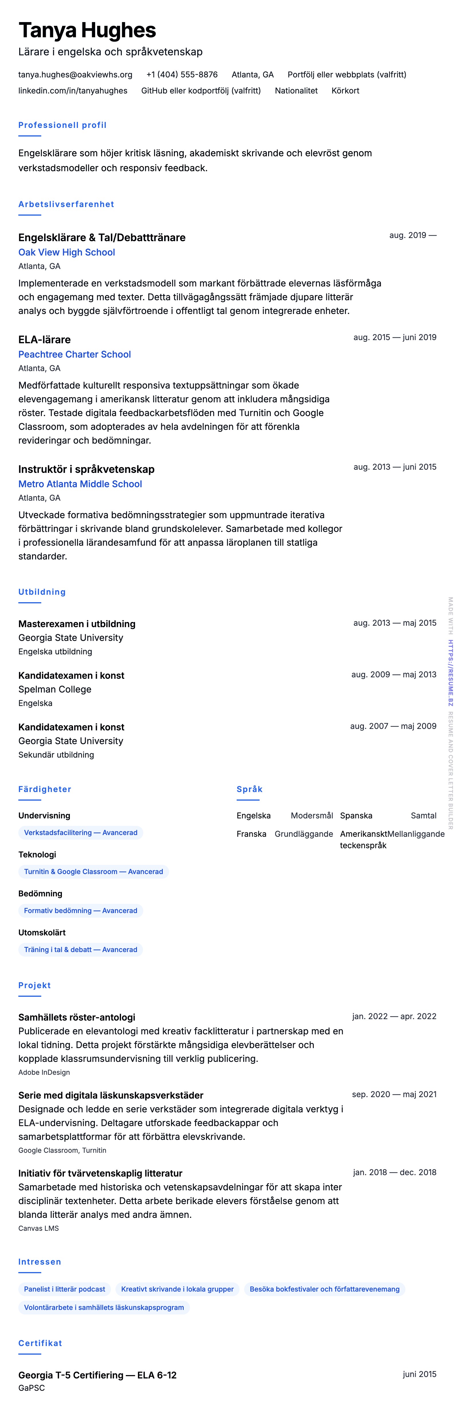 CV-förhandsgranskning för Exempel på CV för engelsklärare