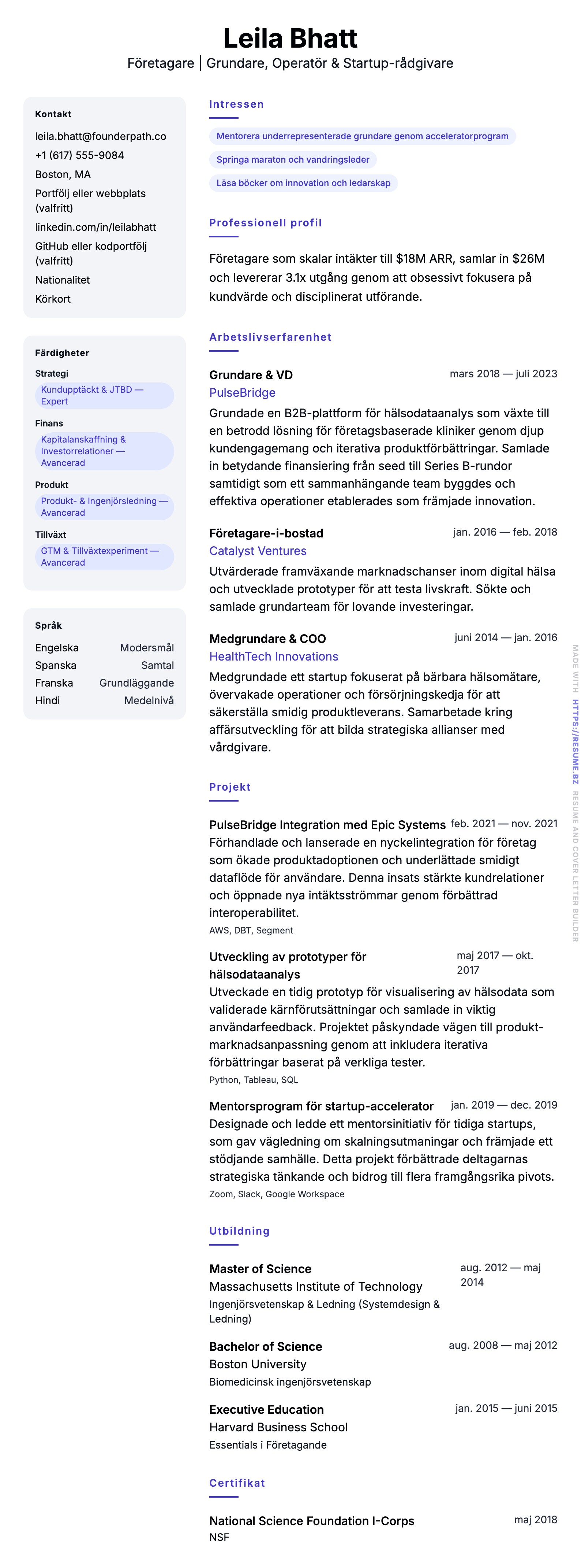 CV-förhandsgranskning för Företagare CV-exempel