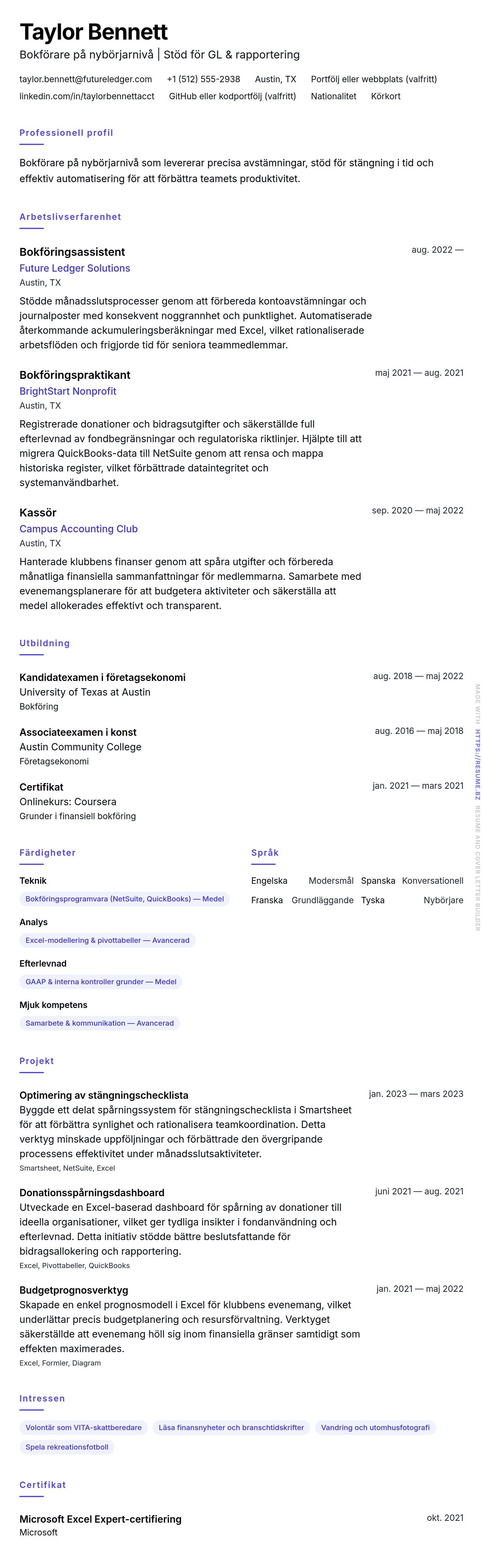 Exempel på CV för bokförare på nybörjarnivå