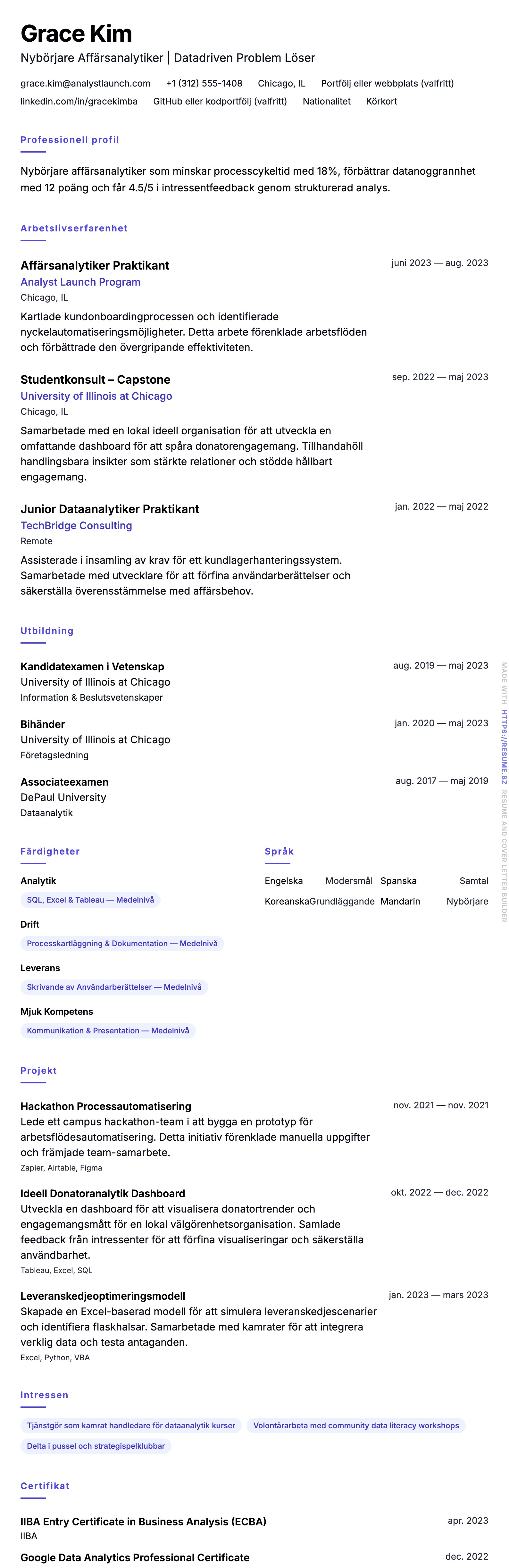 CV-förhandsgranskning för Exempel på CV för Nybörjare Affärsanalytiker