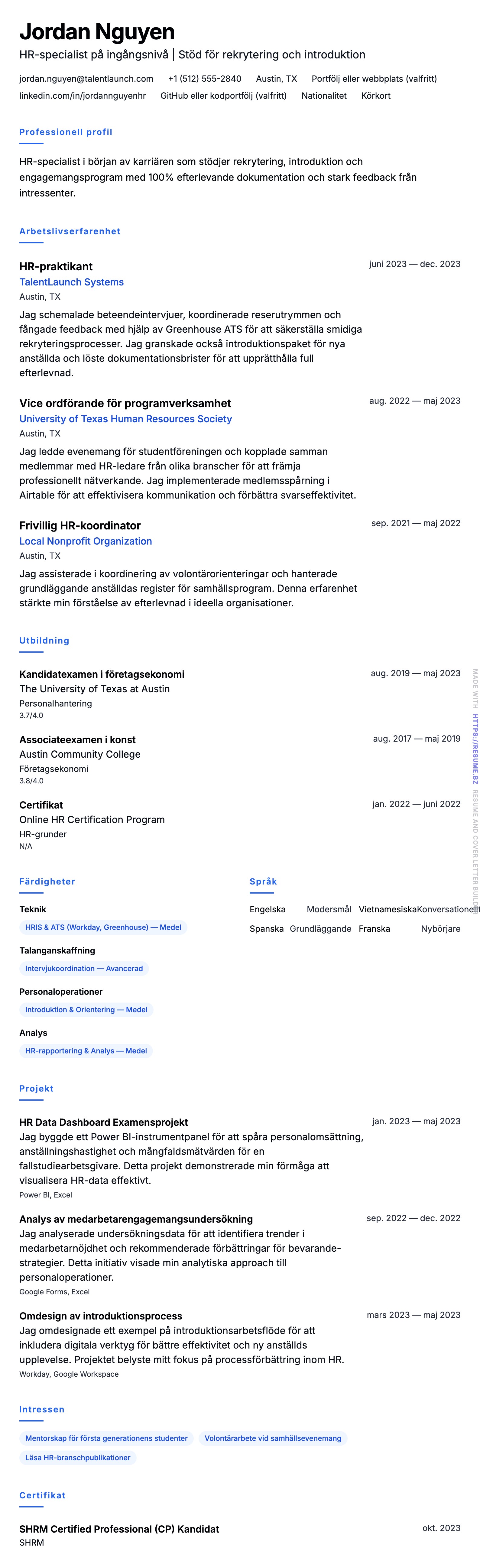 CV-förhandsgranskning för Exempel på CV för HR-specialist på ingångsnivå