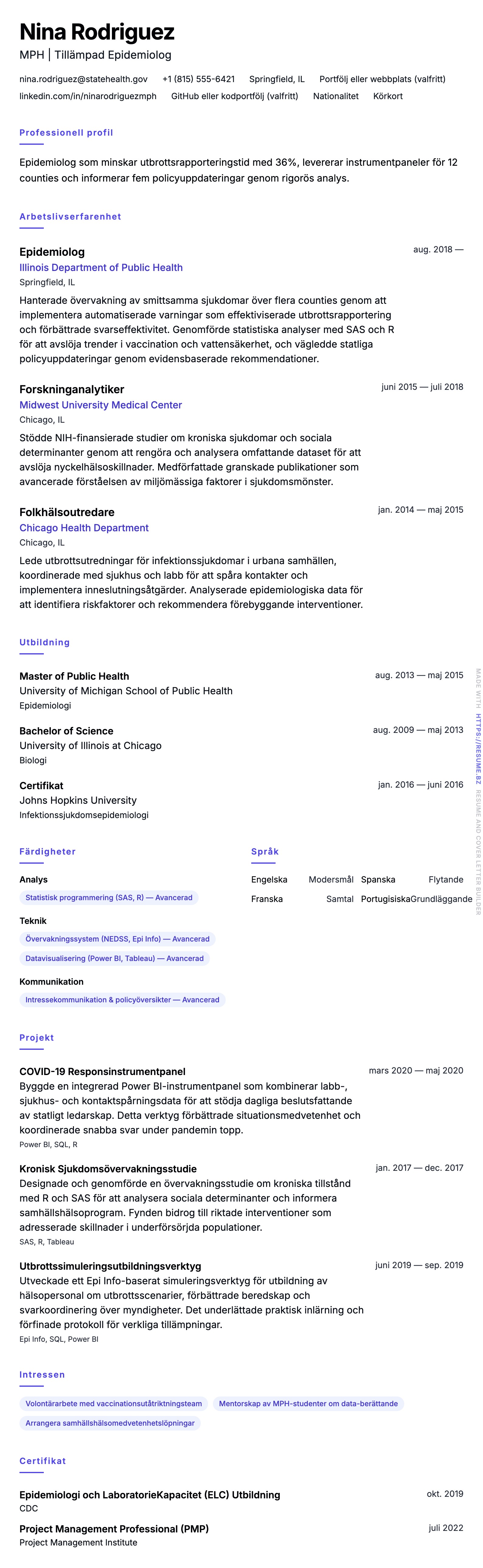 CV-förhandsgranskning för Epidemiolog CV-exempel