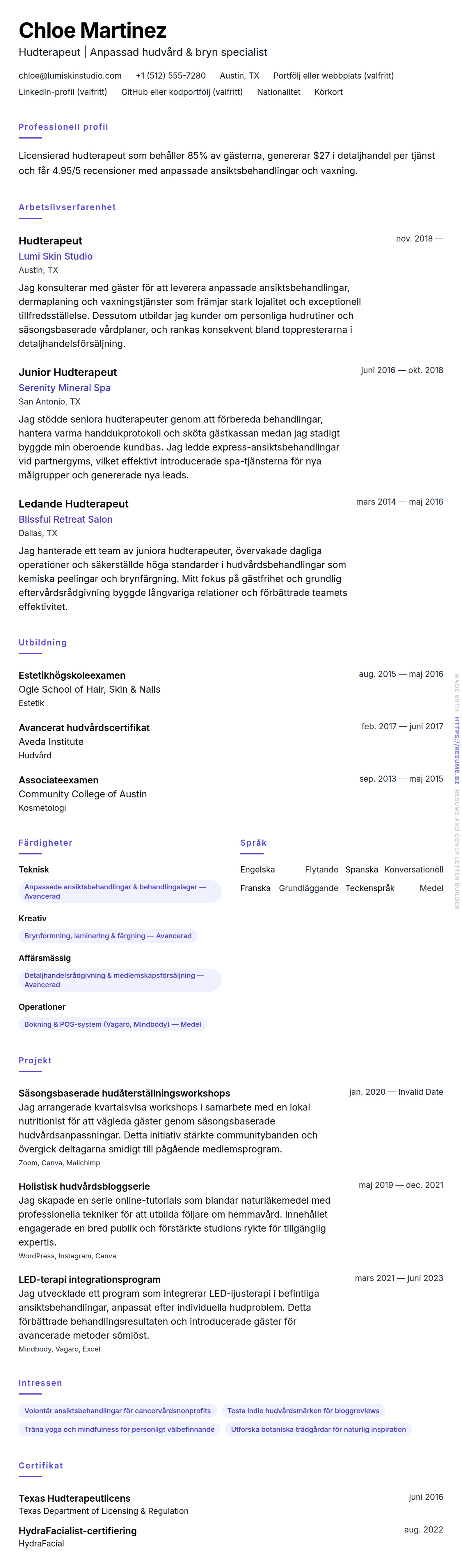 Hudterapeut CV-exempel