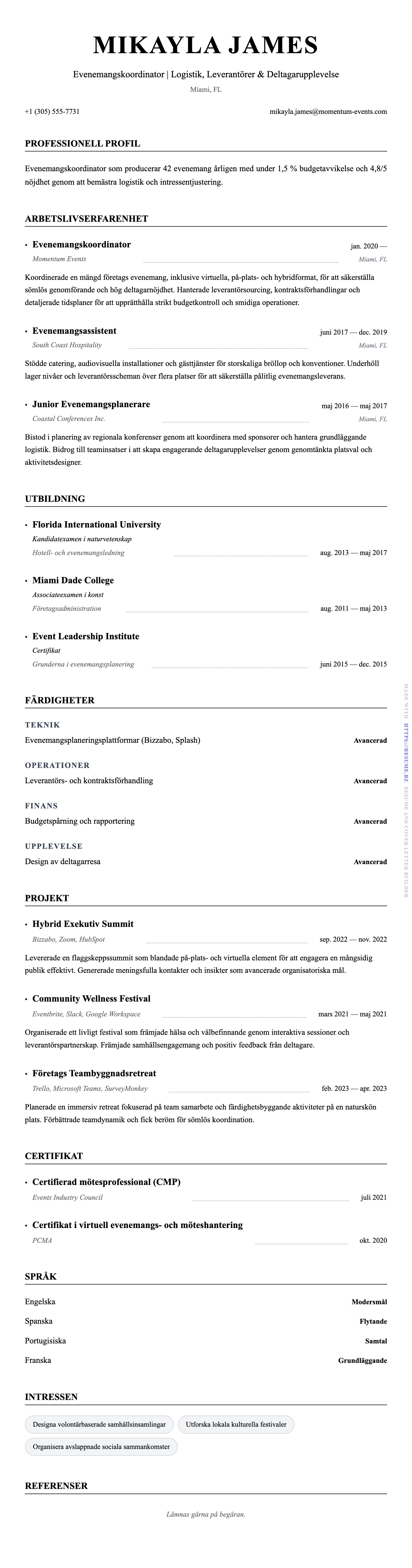 CV-förhandsgranskning för Exempel på CV för Evenemangskoordinator