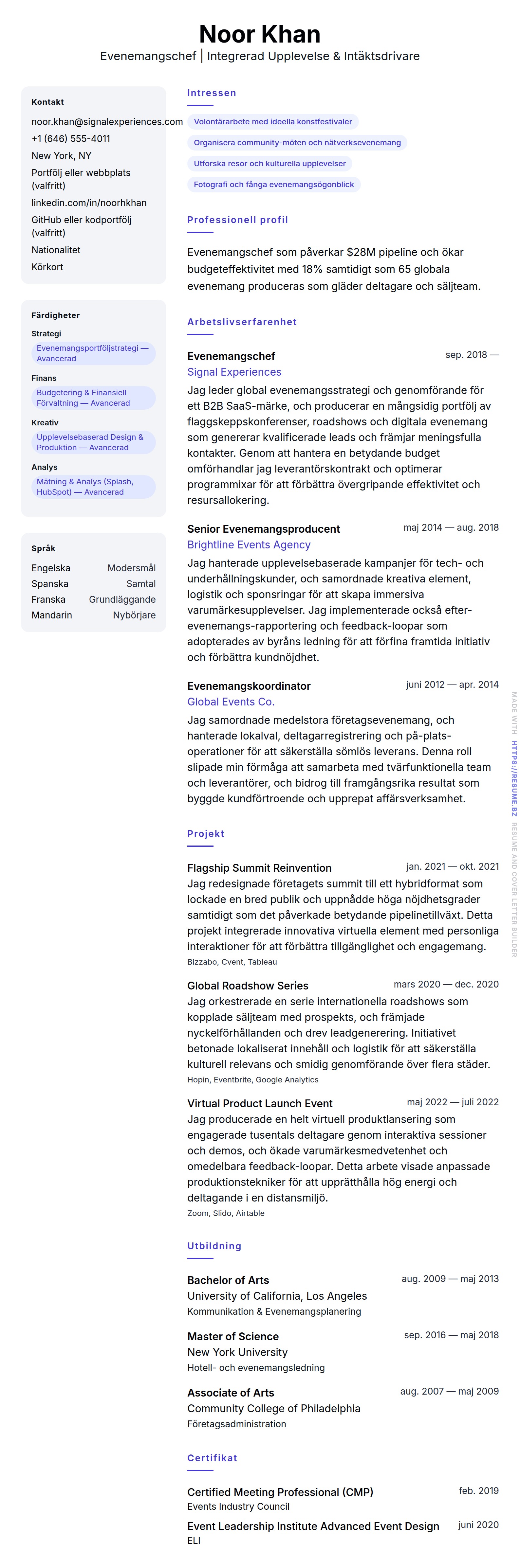CV-förhandsgranskning för Exempel på CV för Evenemangschef