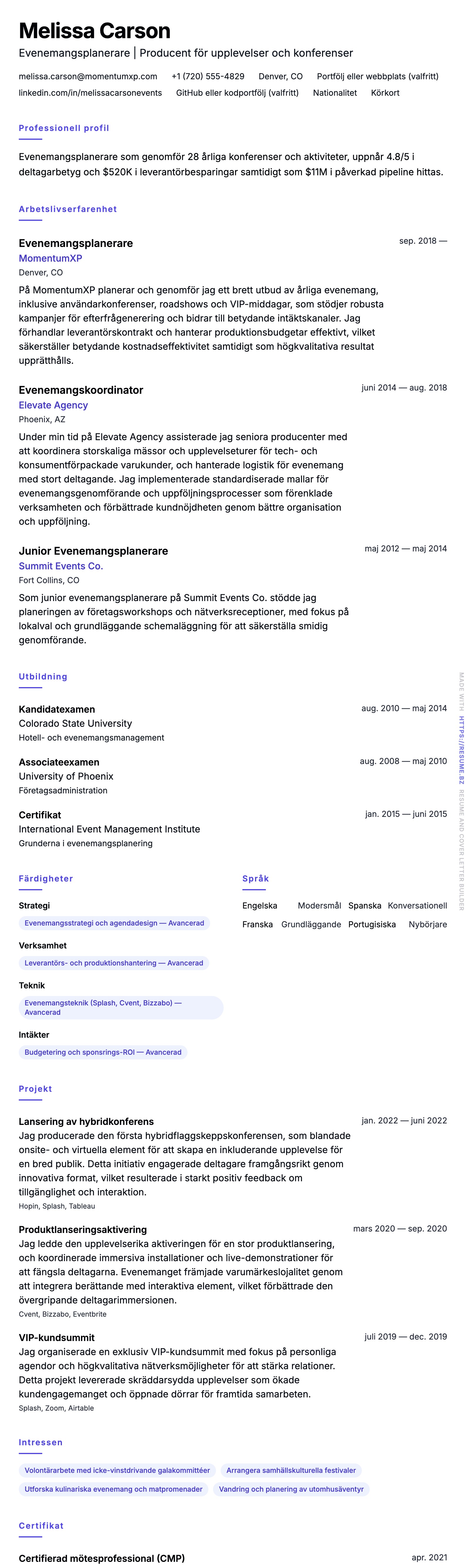 CV-förhandsgranskning för Exempel på CV för Evenemangsplanerare