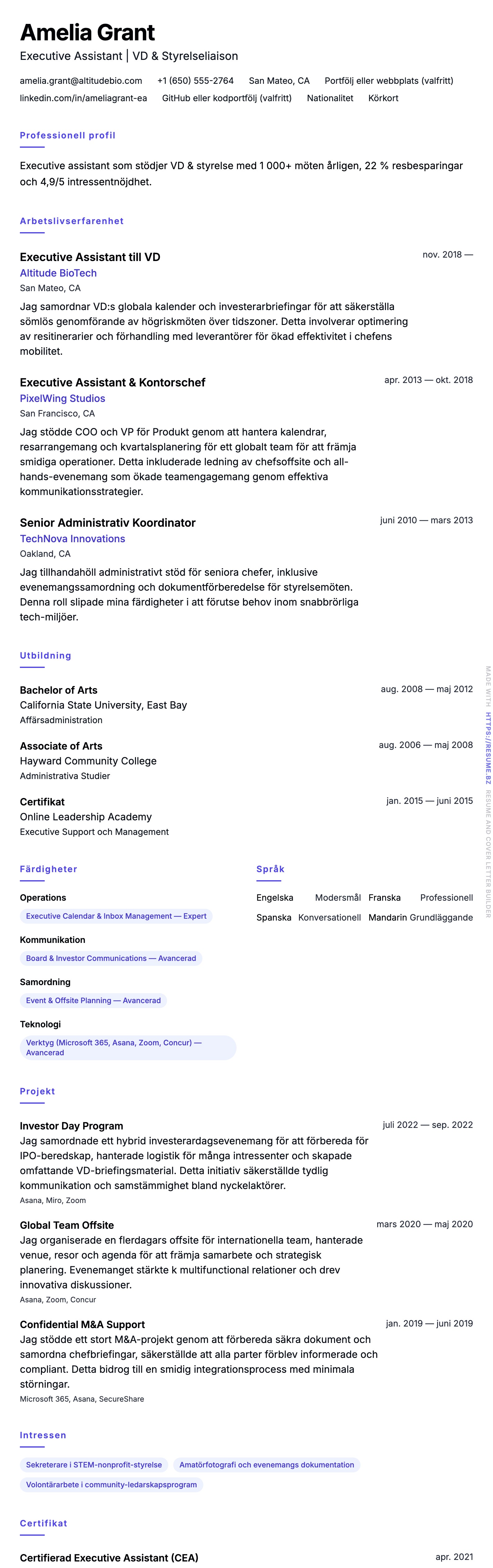 CV-förhandsgranskning för Executive Assistant CV-exempel