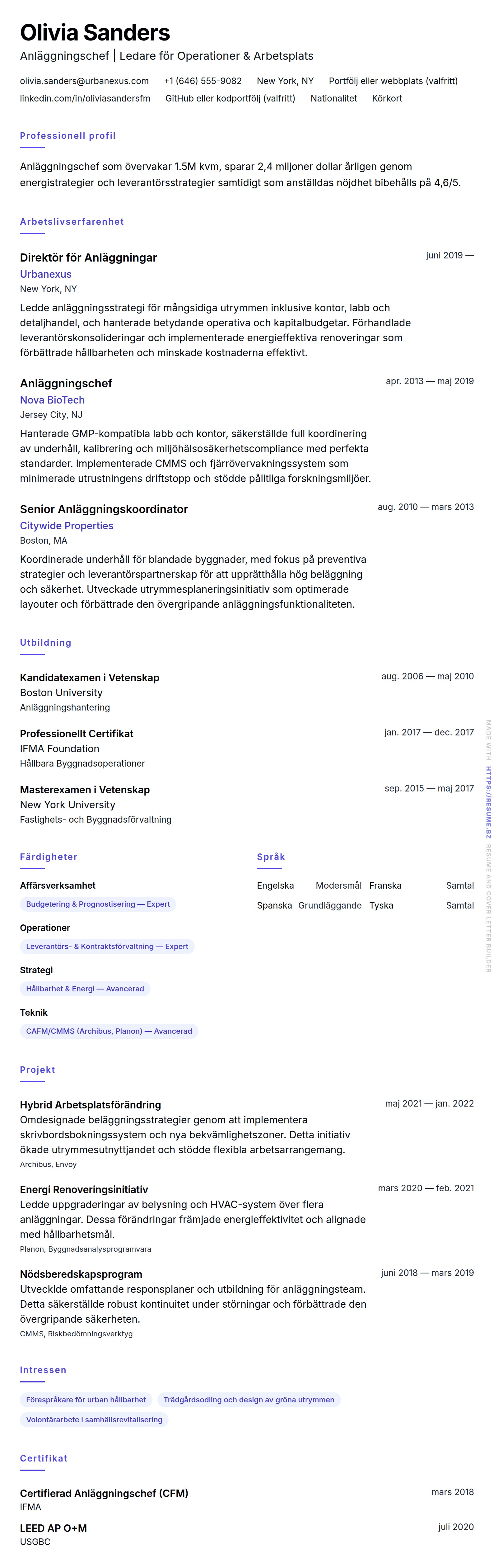 CV-förhandsgranskning för Exempel på CV för Anläggningschef