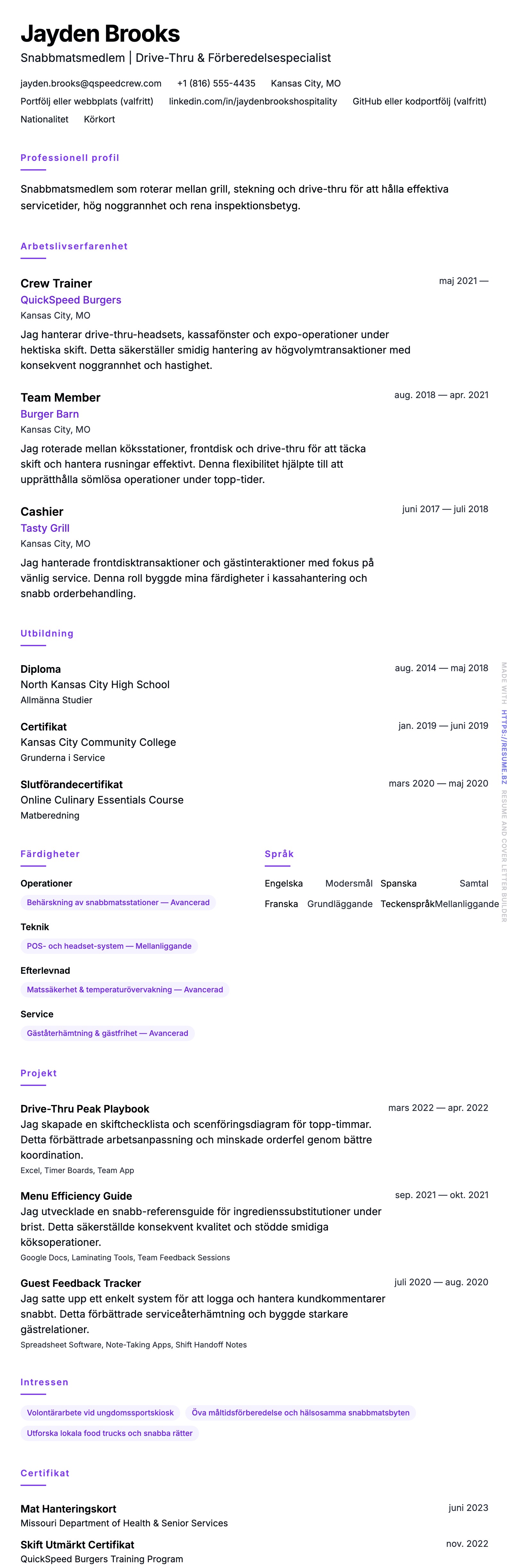 CV-förhandsgranskning för Exempel på CV för Snabbmatsarbetare