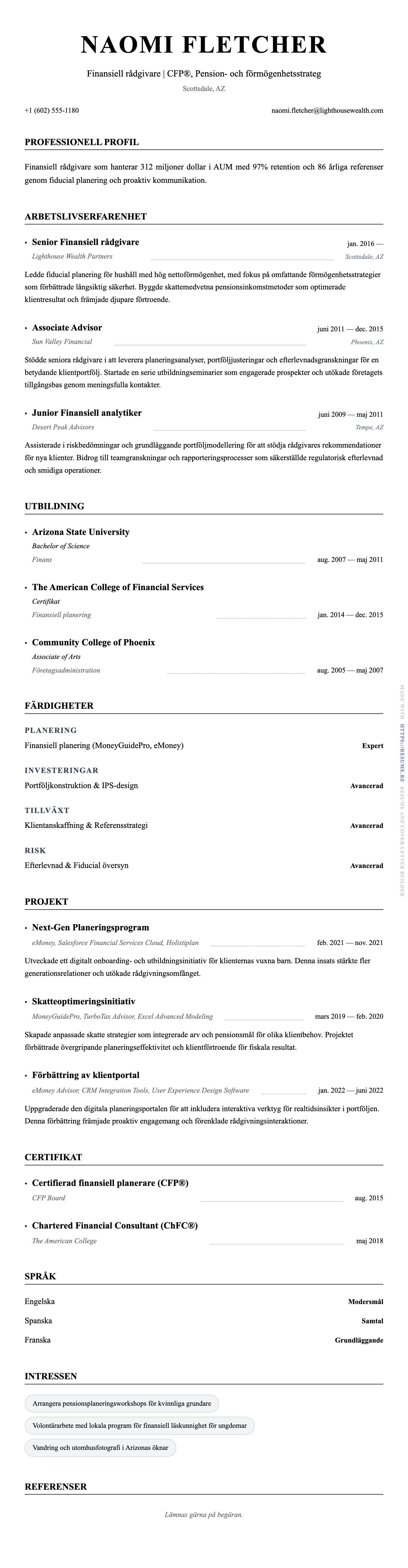 CV-förhandsgranskning för Exempel på CV för finansiell rådgivare