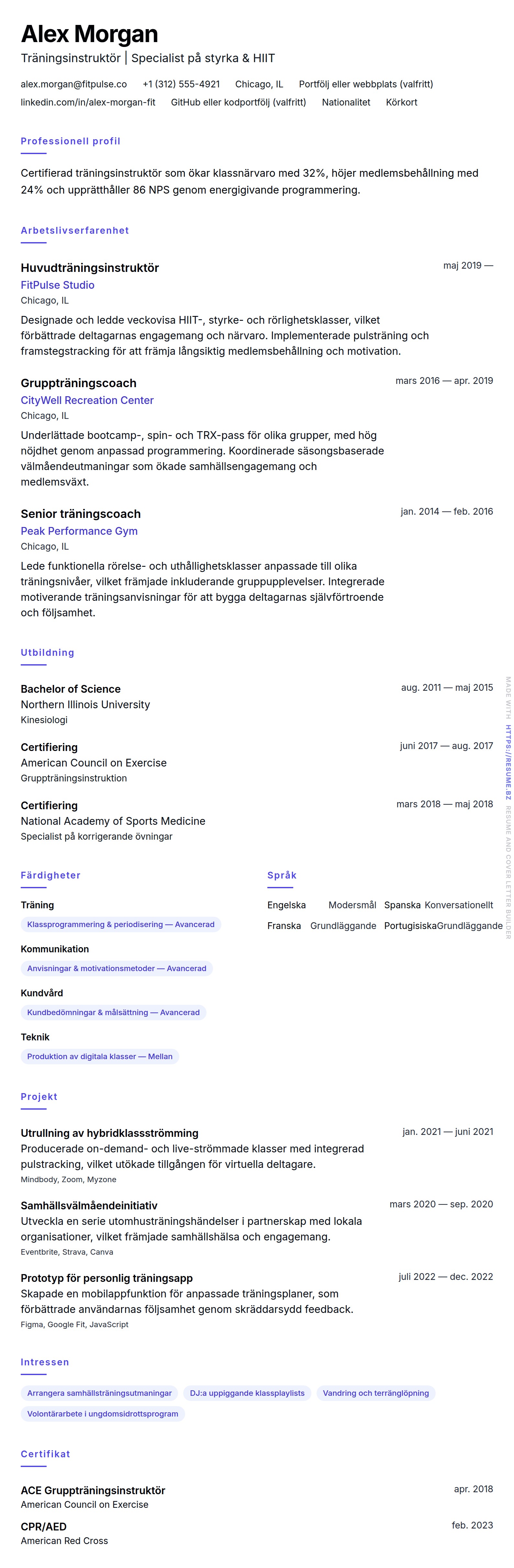CV-förhandsgranskning för Träningsinstruktör CV-exempel
