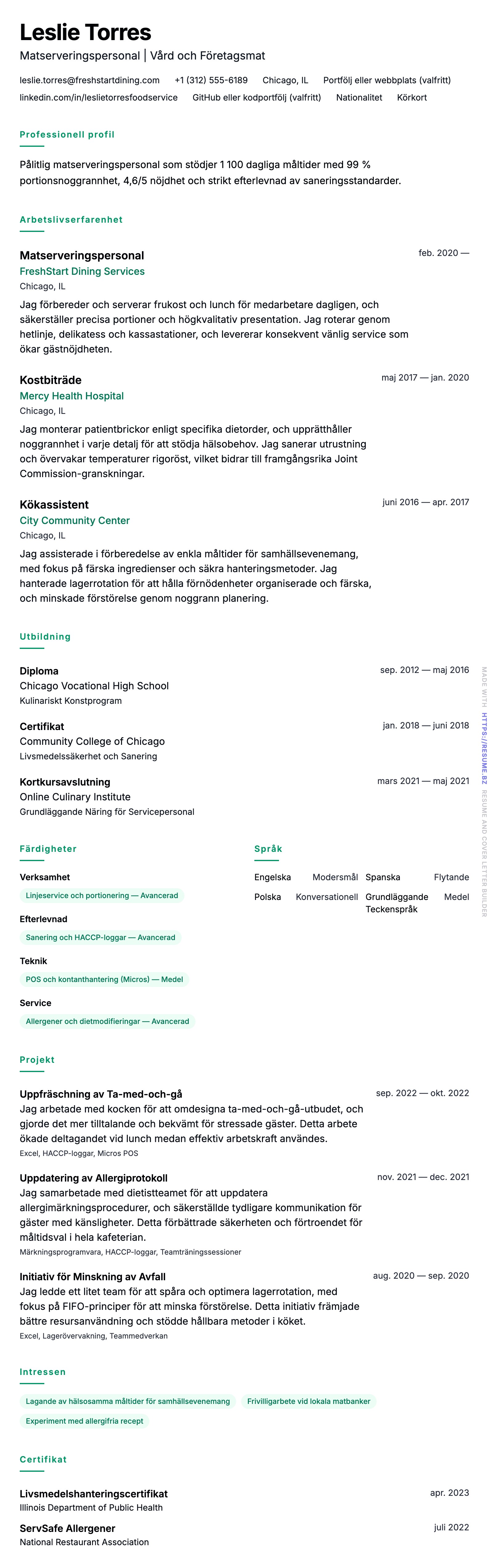 CV-förhandsgranskning för Exempel på CV för Matserveringspersonal