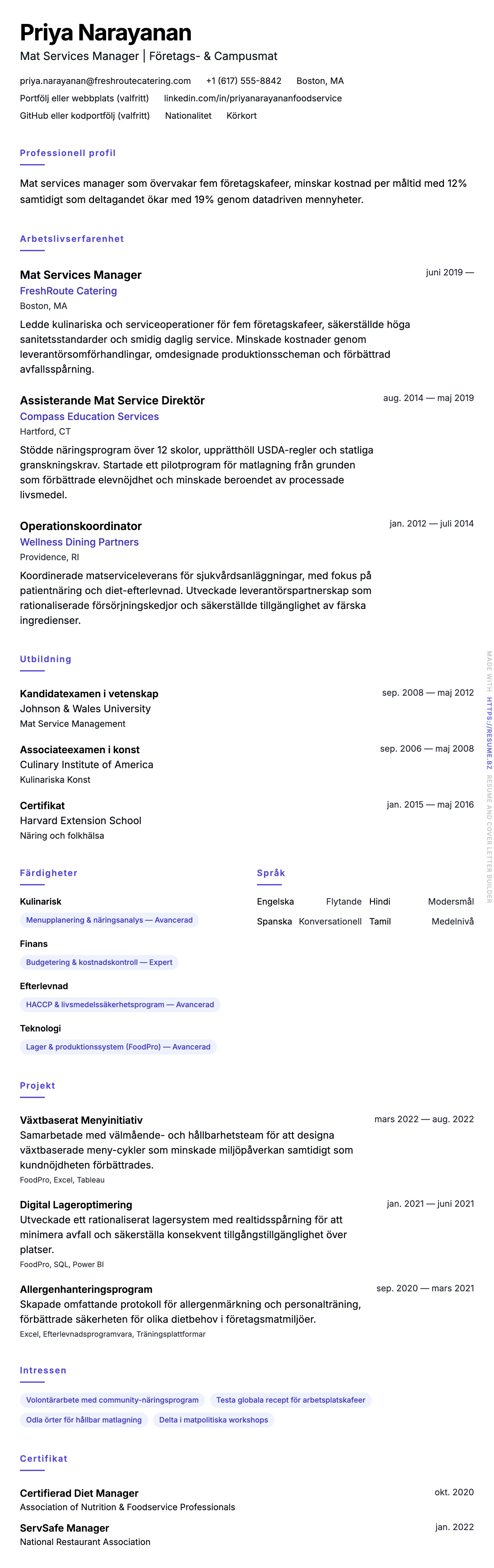 CV-förhandsgranskning för Mat Services Manager CV-Exempel