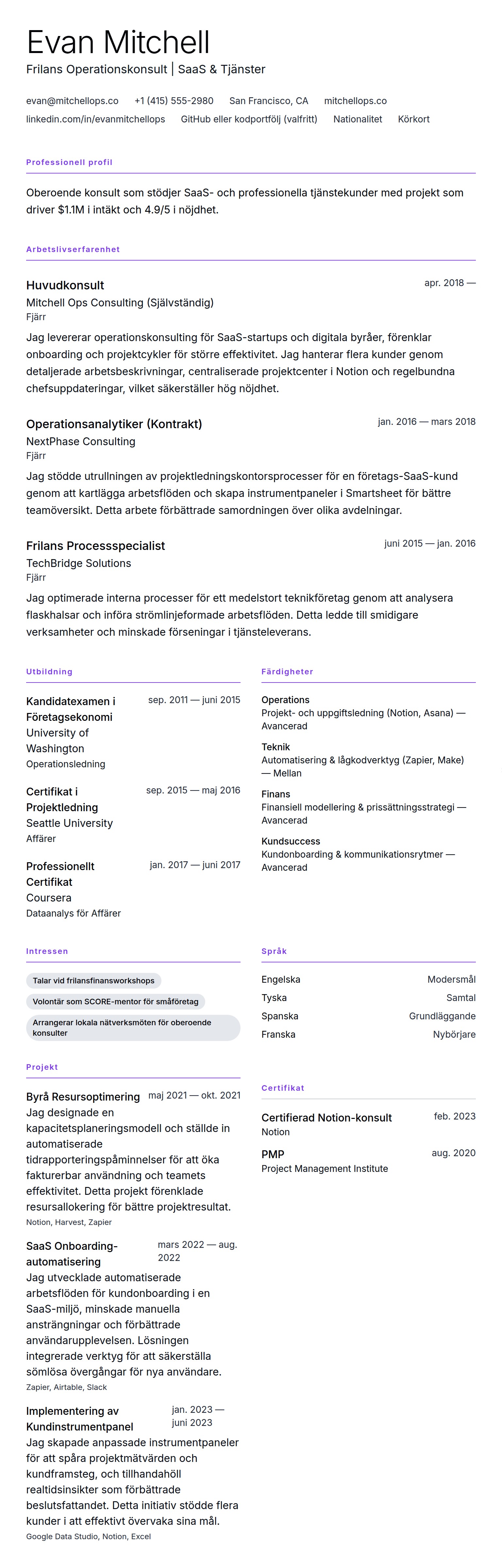 CV-förhandsgranskning för Frilansare CV-exempel