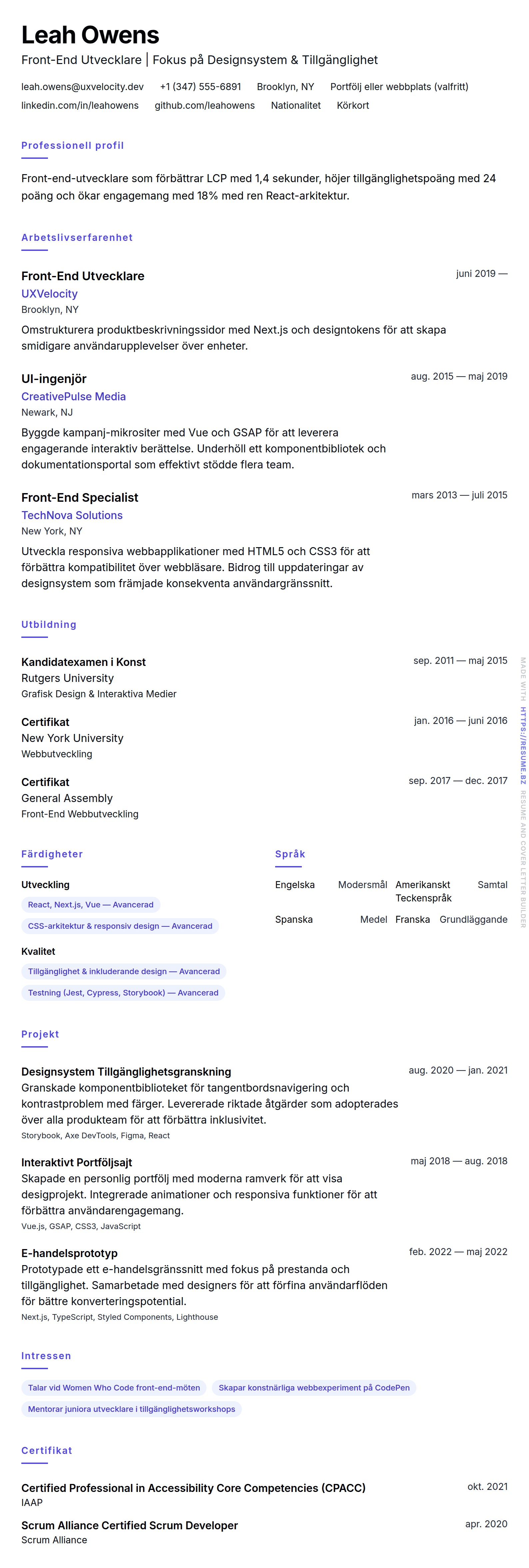CV-förhandsgranskning för Exempel på CV för Front-End Utvecklare