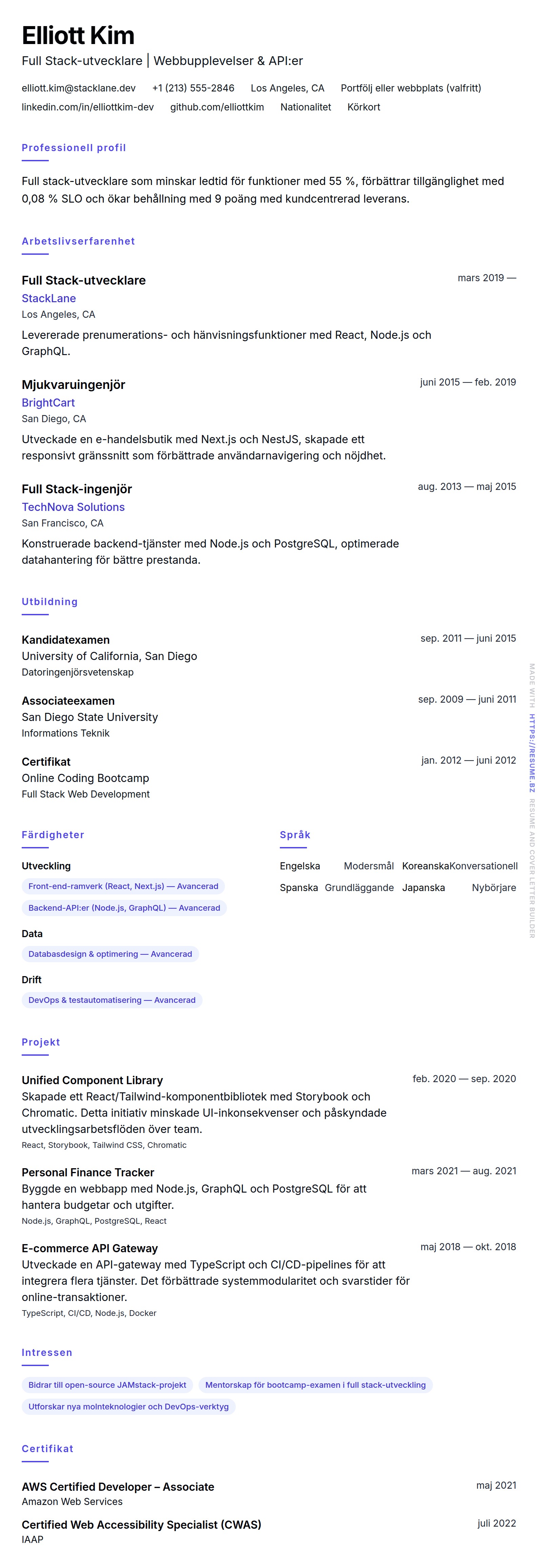 CV-förhandsgranskning för Exempel på CV för Full Stack-utvecklare