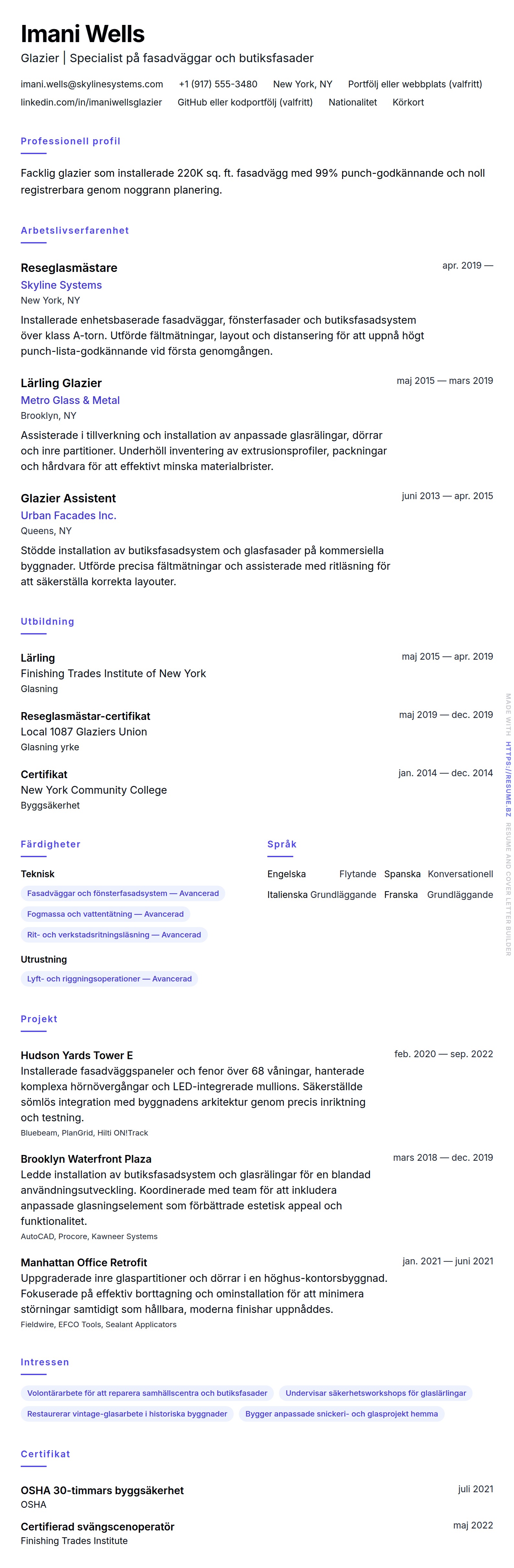 CV-förhandsgranskning för Glazier CV-exempel