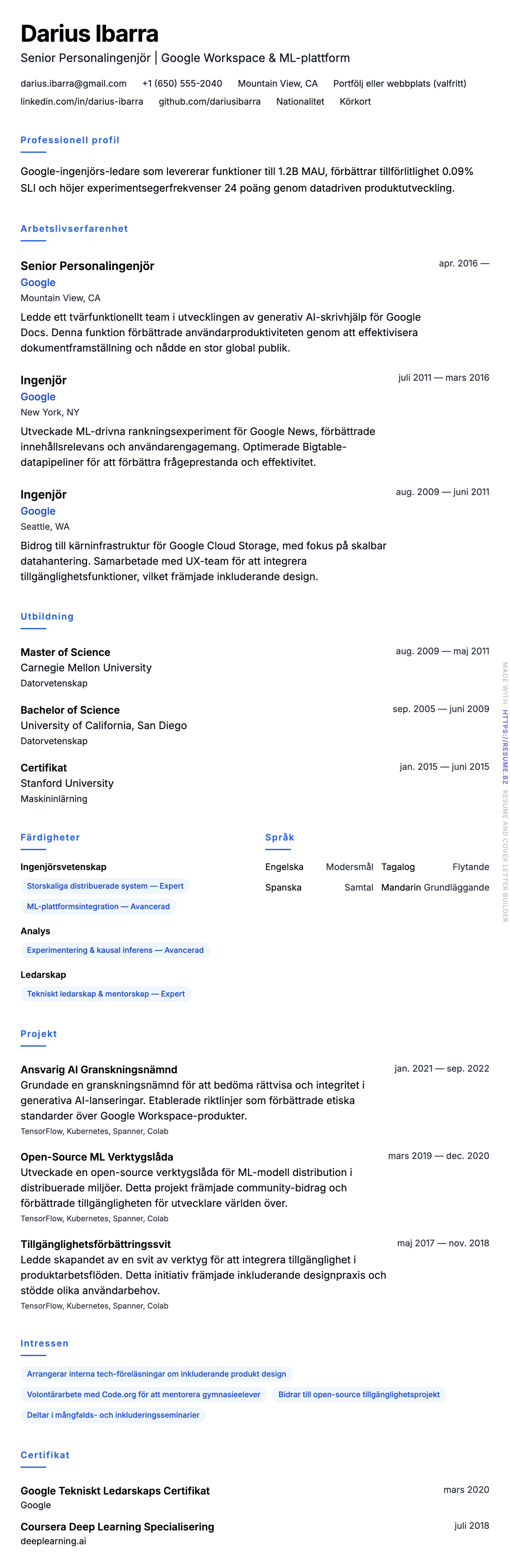 CV-förhandsgranskning för Google CV Exempel