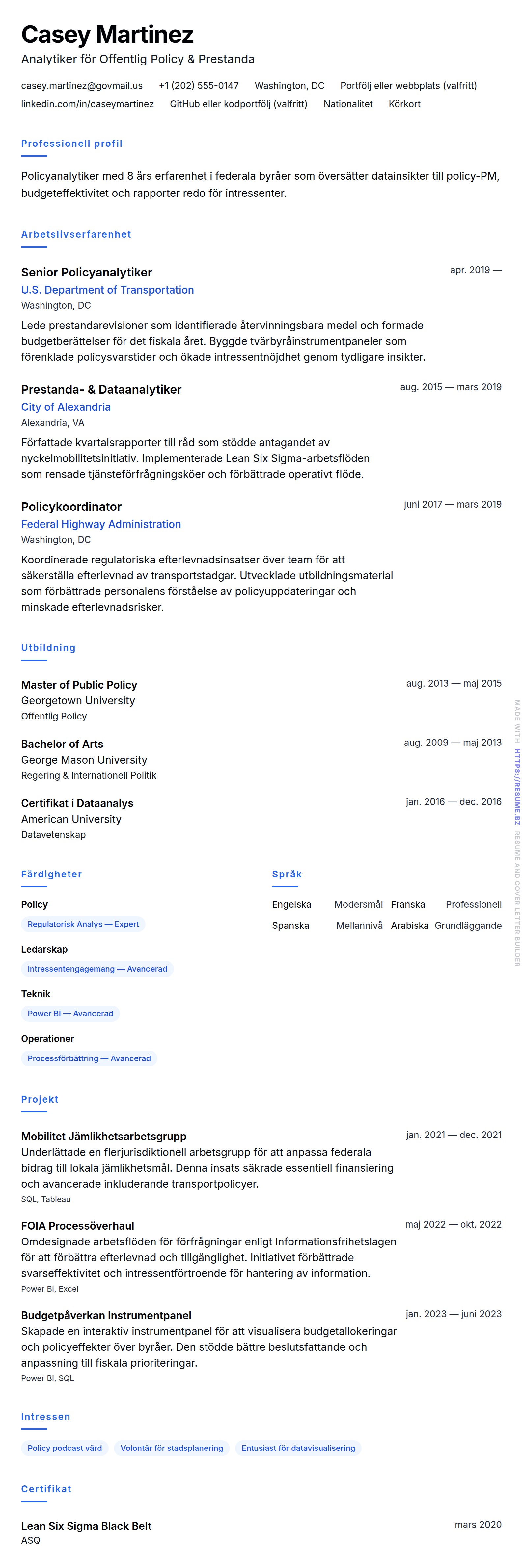 CV-förhandsgranskning för Exempel på CV för Statlig Analytiker