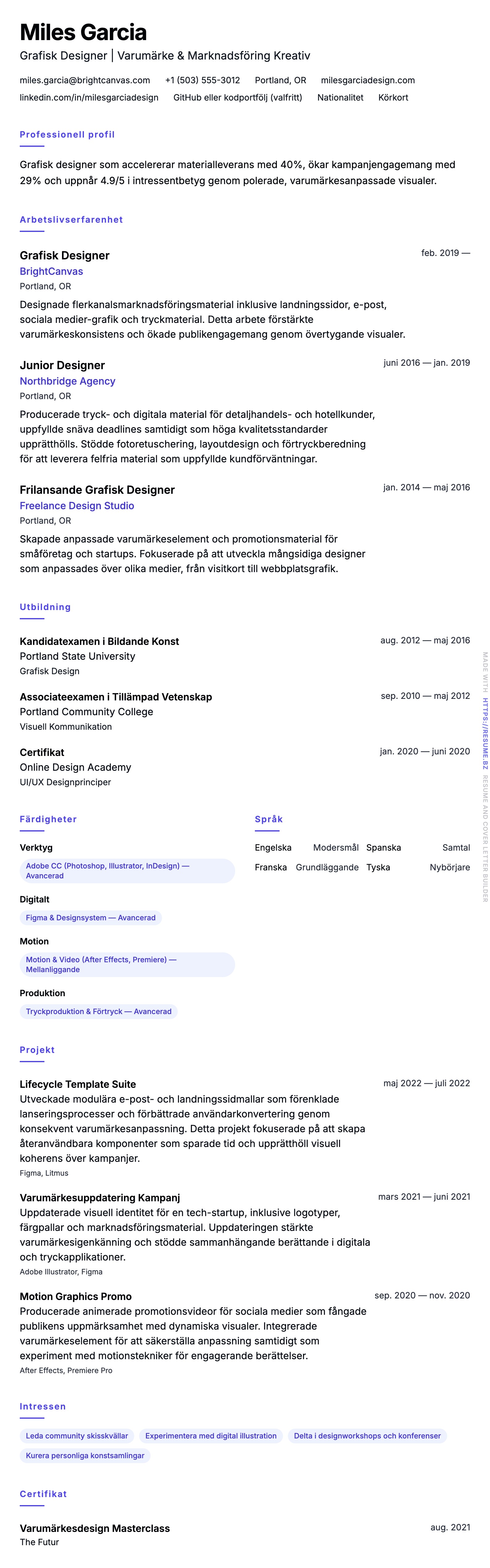 CV-förhandsgranskning för Exempel på CV för Grafisk Designer