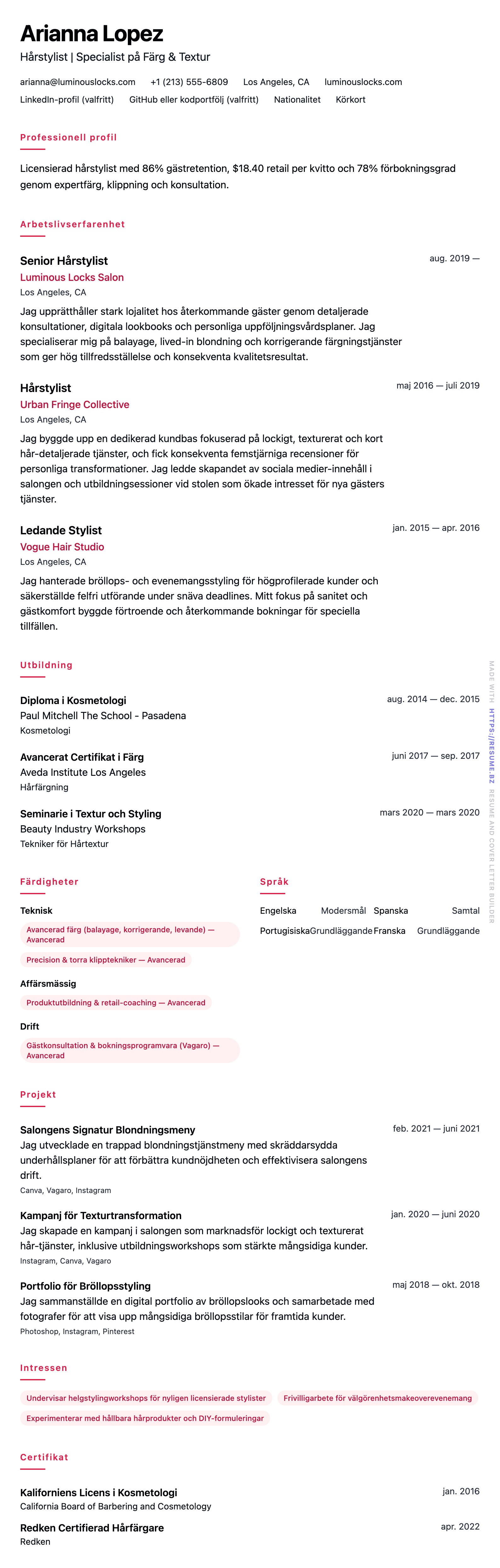 CV-förhandsgranskning för Exempel på CV för Hårstylist