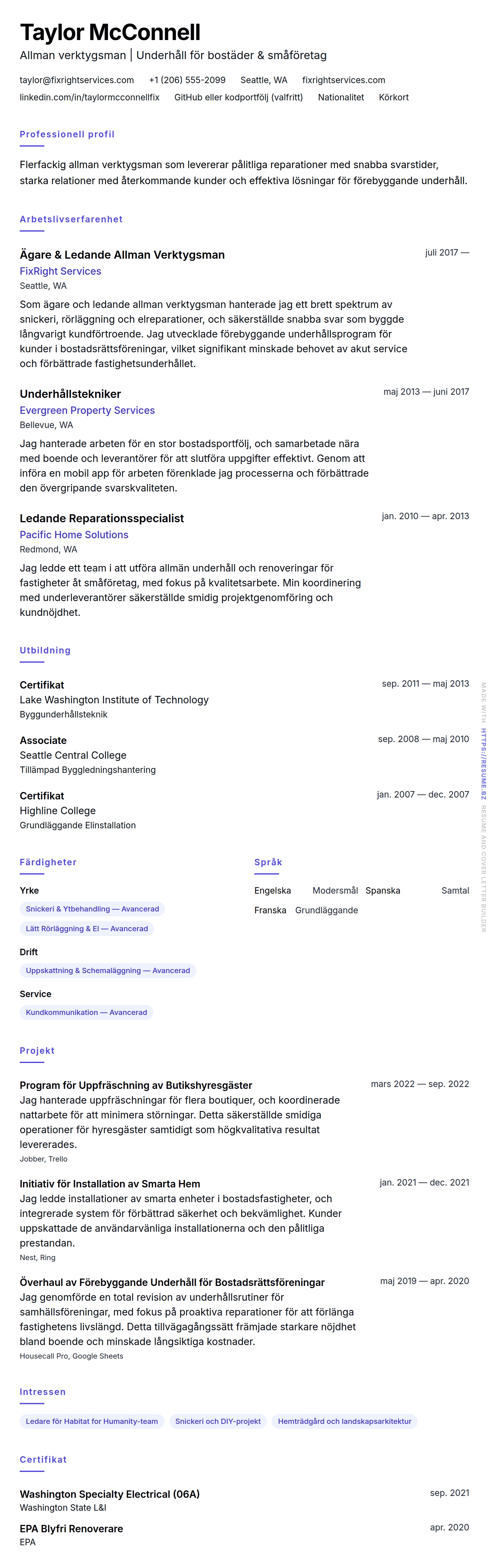 CV-förhandsgranskning för Exempel på CV för Allman Verktygsman
