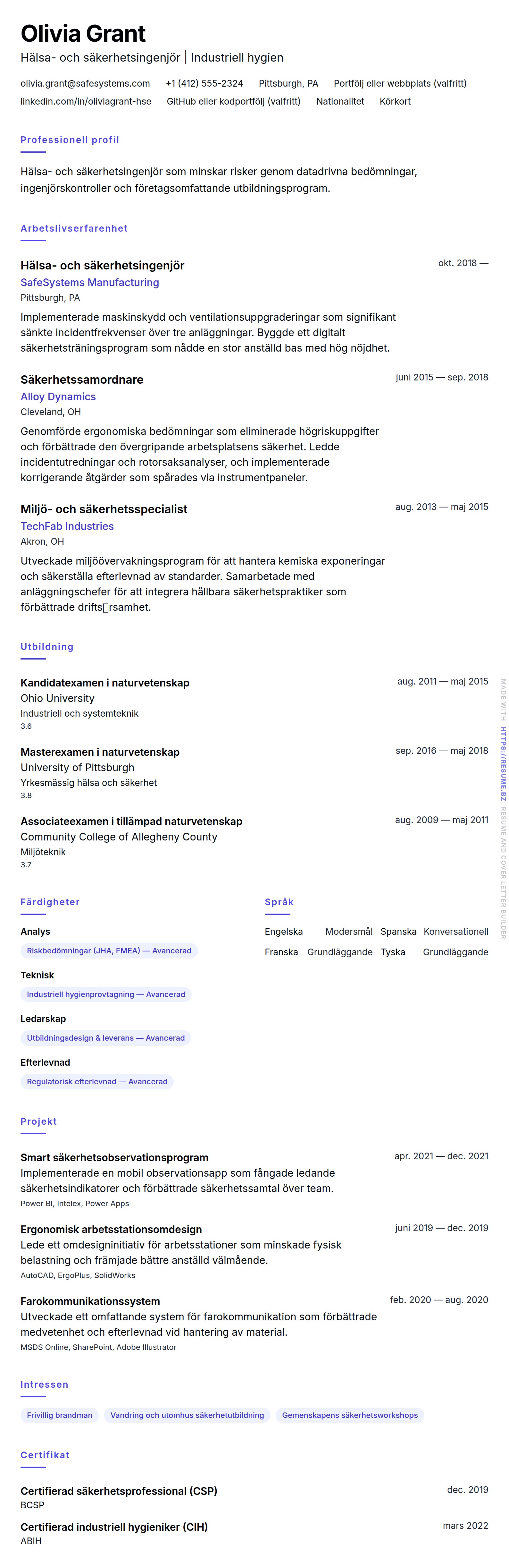 CV-förhandsgranskning för Hälsa- och säkerhetsingenjör CV-exempel