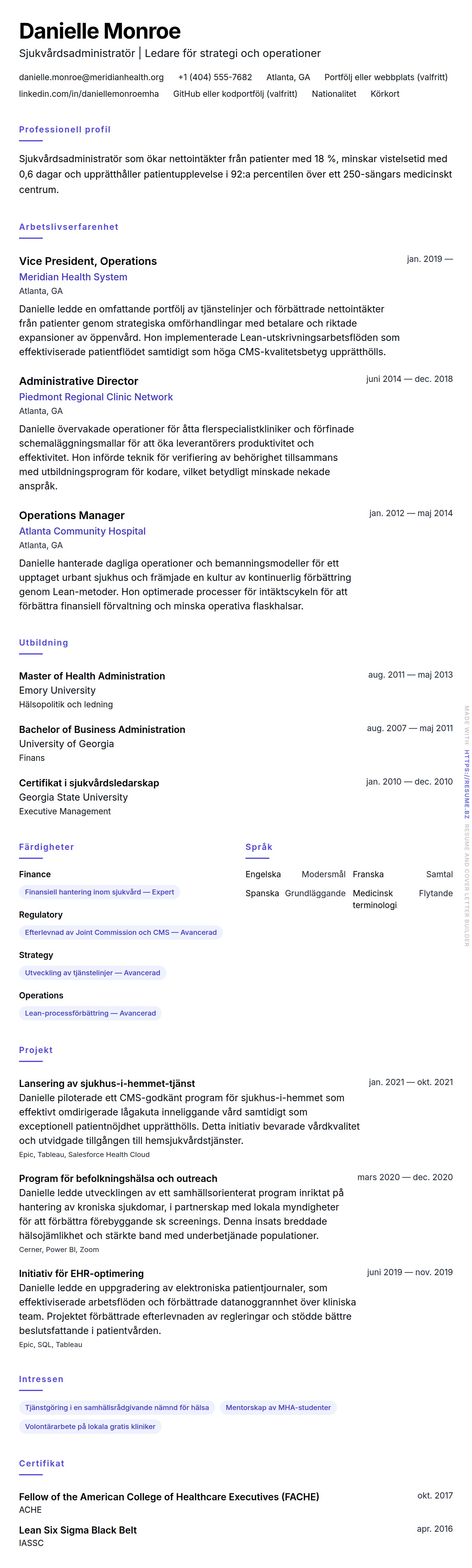 CV-förhandsgranskning för Exempel på CV för sjukvårdsadministration