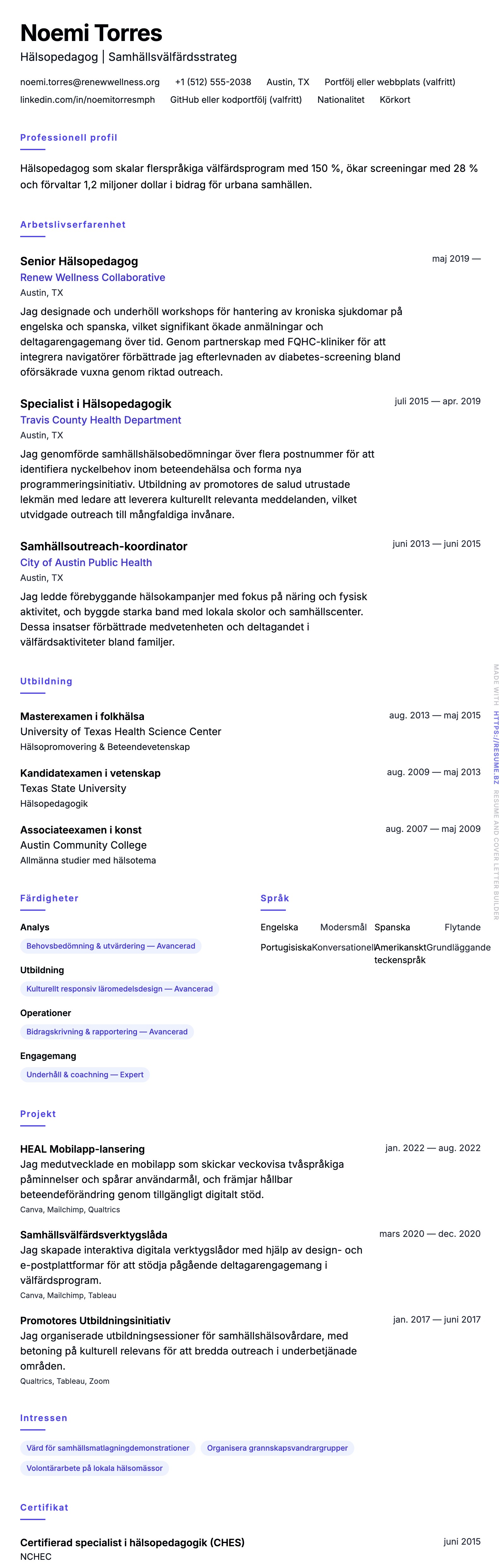 CV-förhandsgranskning för Hälsopedagog CV-exempel