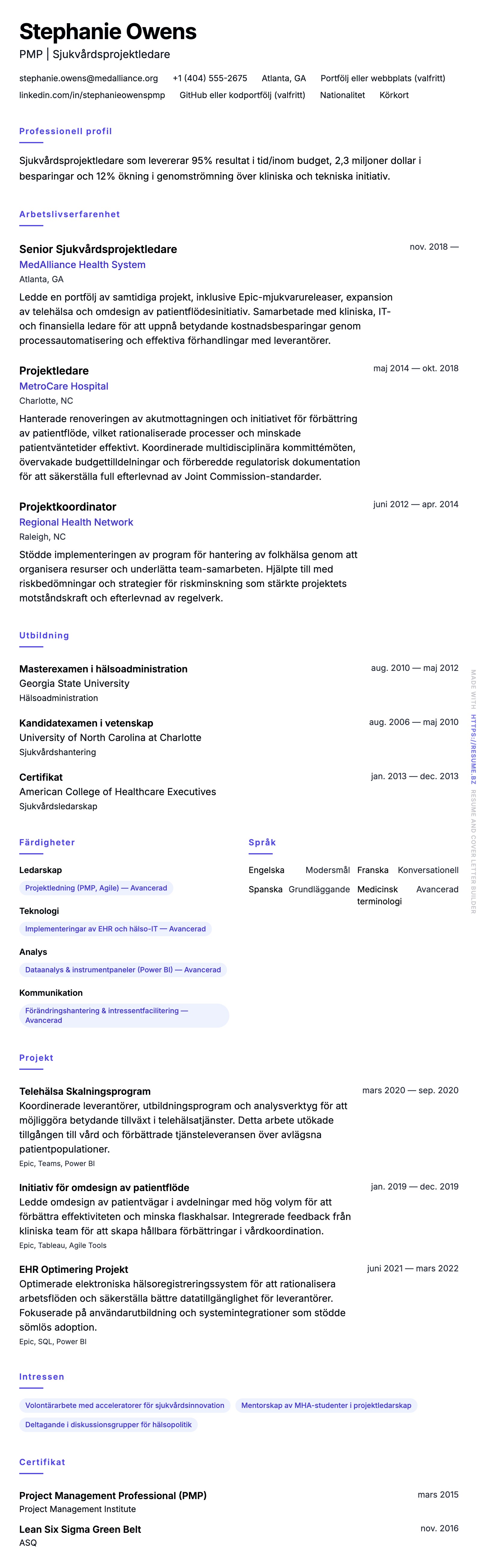 CV-förhandsgranskning för Exempel på CV för sjukvårdsprojektledare