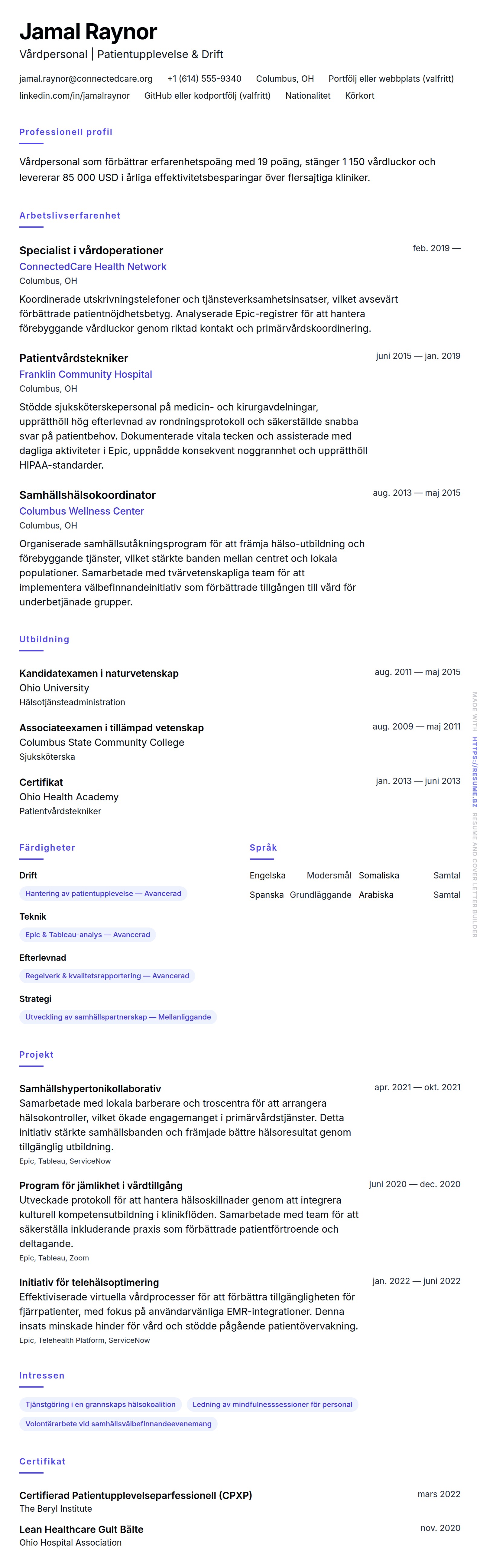 CV-förhandsgranskning för Exempel på CV för vårdpersonal
