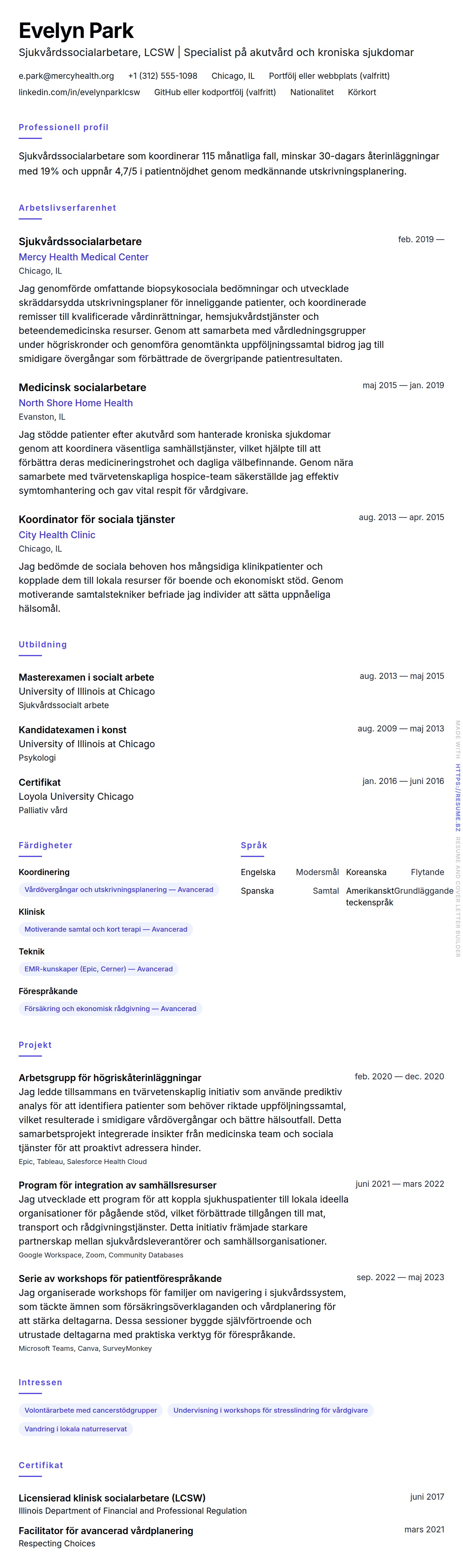 CV-förhandsgranskning för Exempel på CV för sjukvårdssocialarbetare