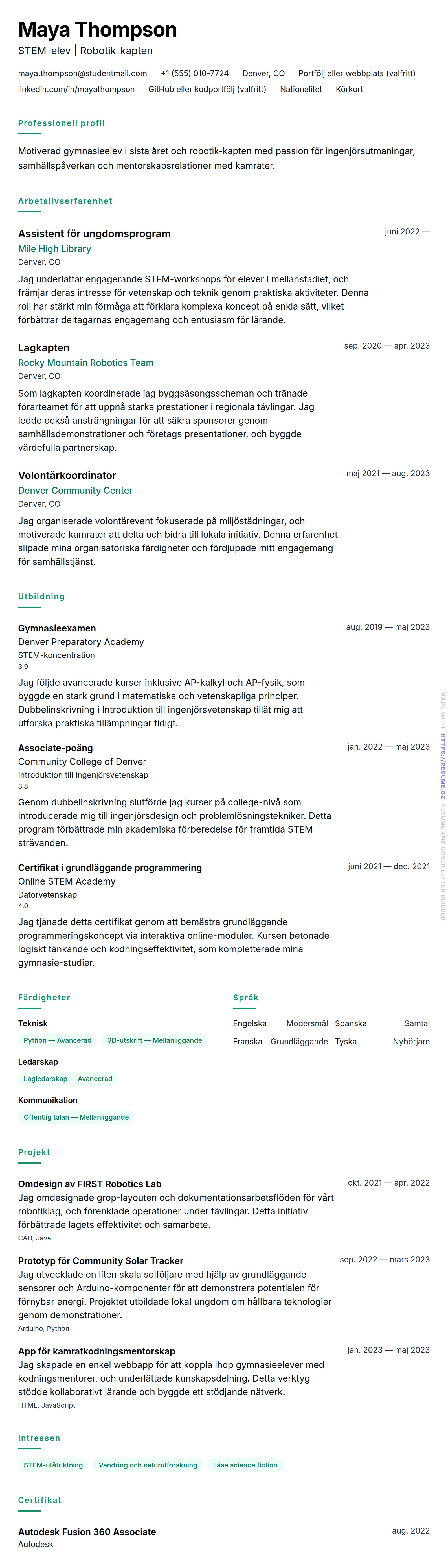 CV-förhandsgranskning för Exempel på CV för gymnasieelev