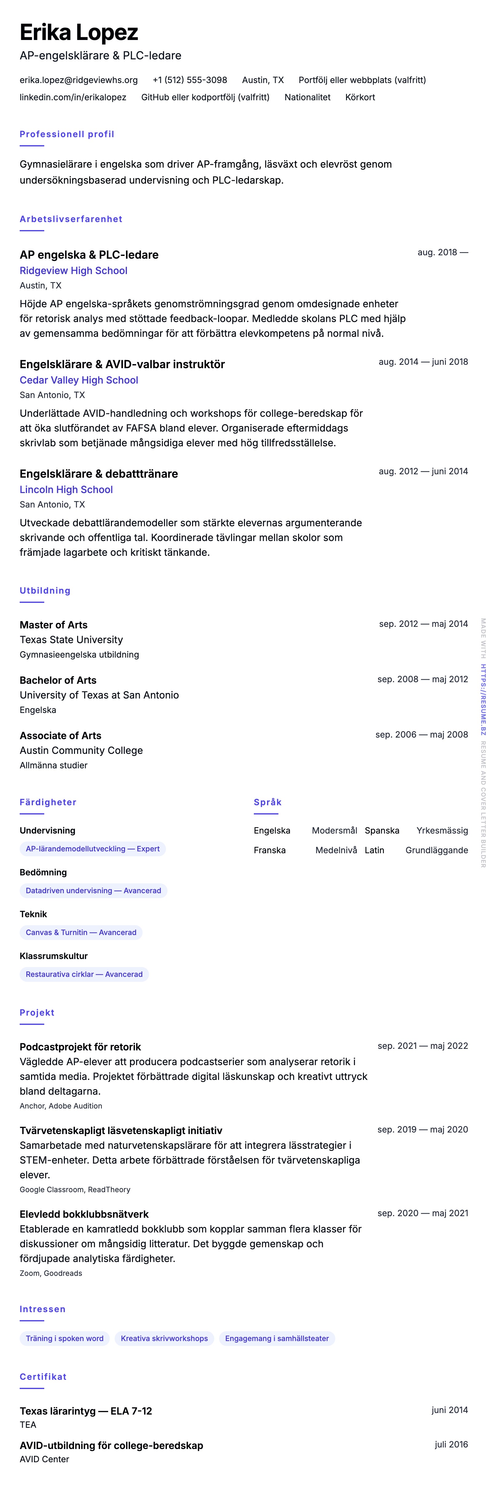 CV-förhandsgranskning för Exempel på CV för gymnasielärare