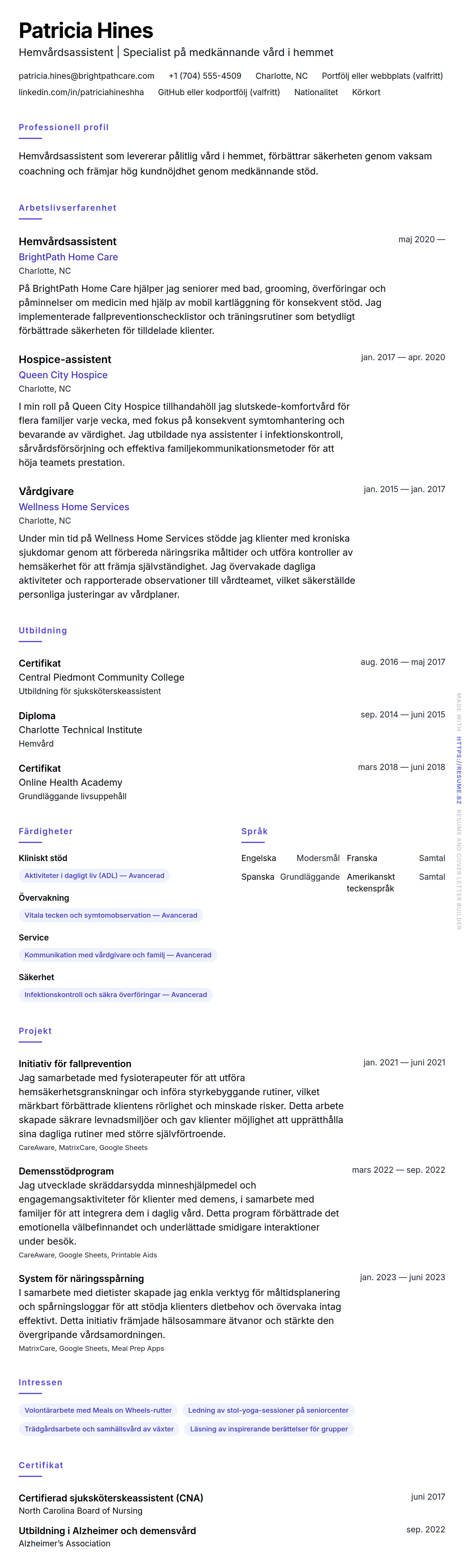 CV-förhandsgranskning för Exempel på CV för Hemvårdsassistent