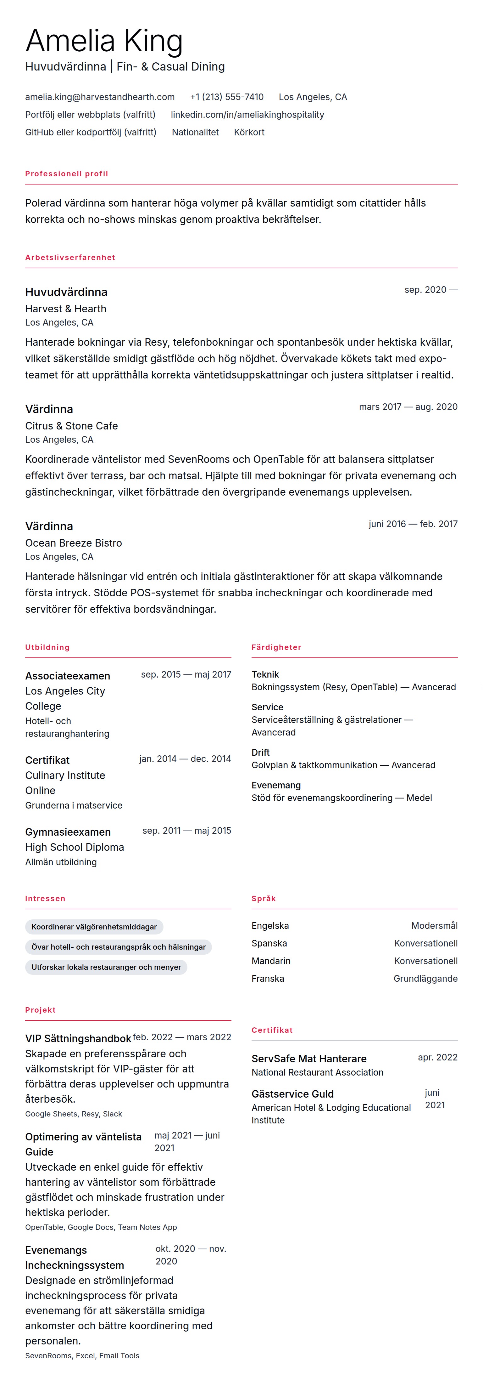 CV-förhandsgranskning för Exempel på CV för värdinna