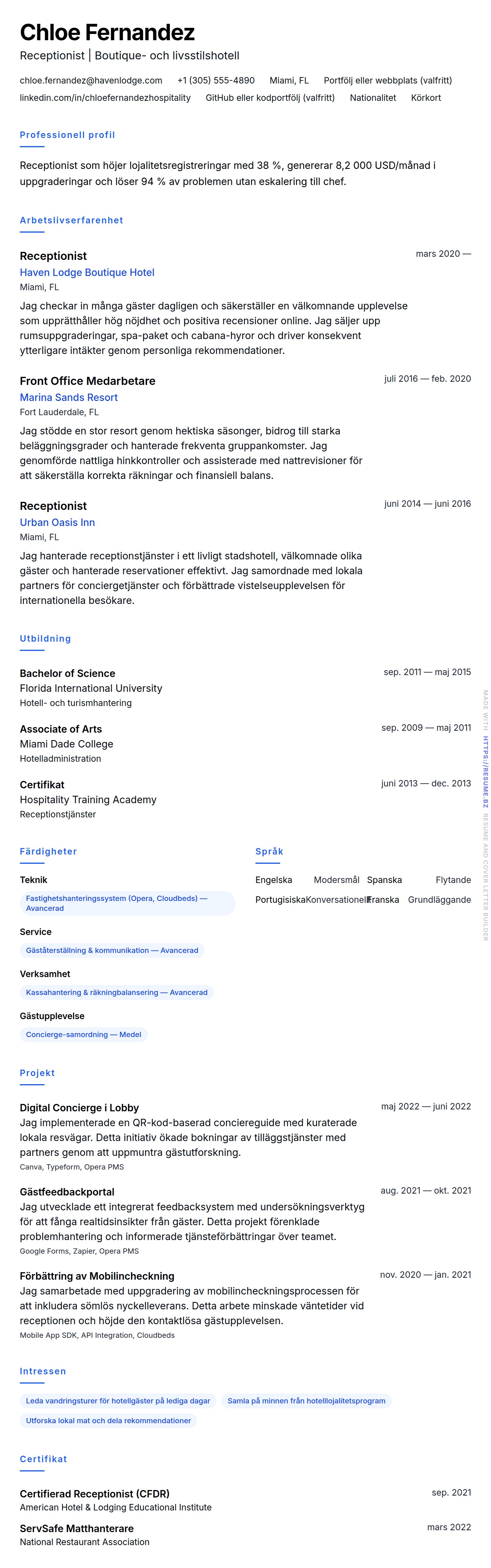 CV-förhandsgranskning för Exempel på CV för Hotell Receptionist