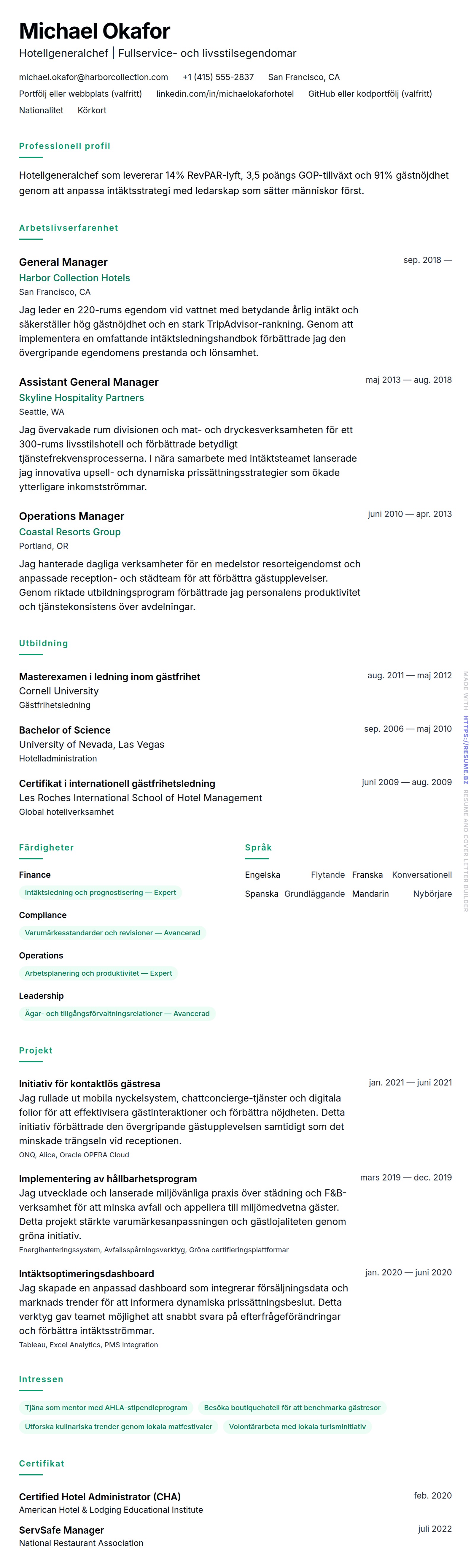 Exempel på CV för Hotellledning