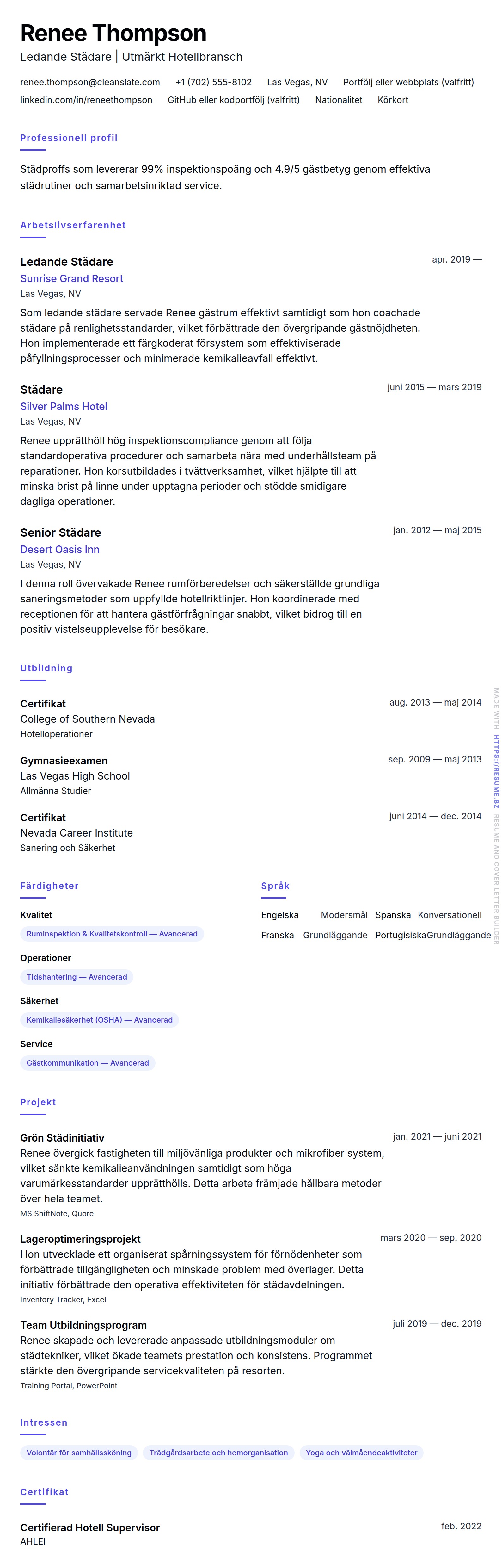 CV-förhandsgranskning för Städ-CV-Exempel