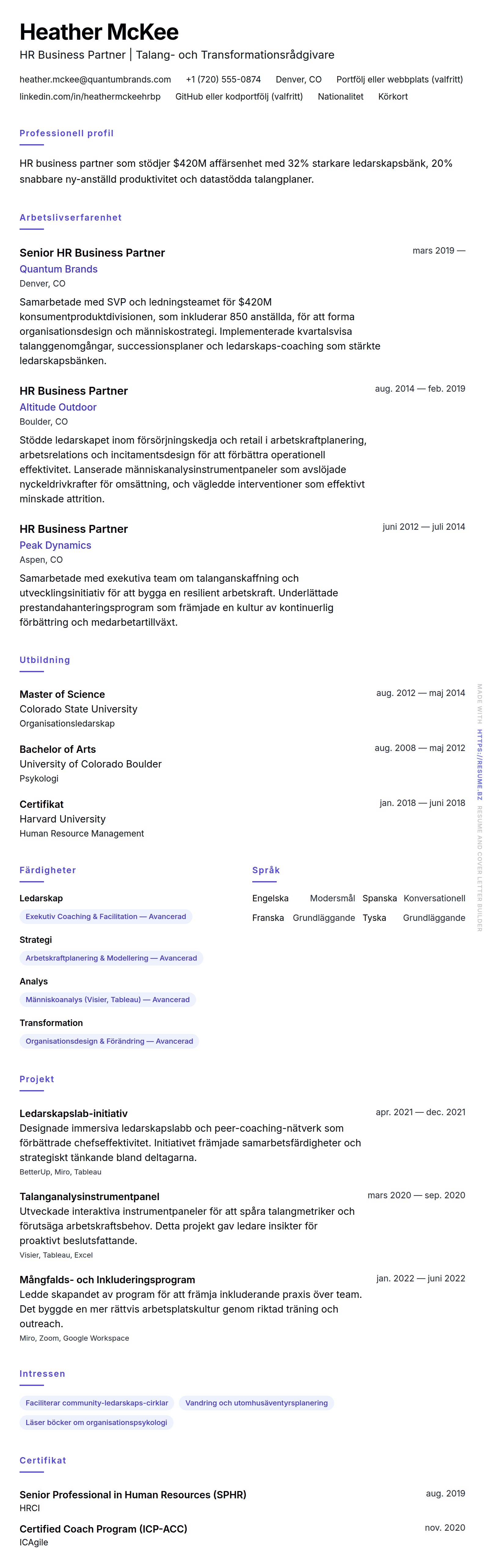 CV-förhandsgranskning för HR Business Partner CV-exempel