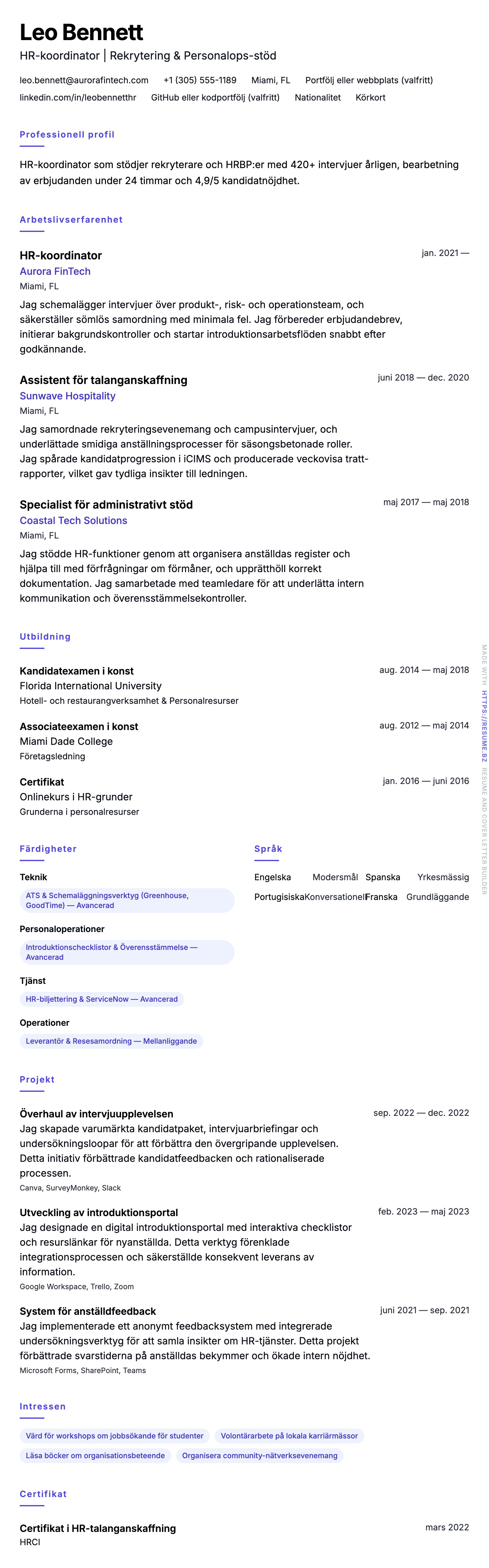 CV-förhandsgranskning för Exempel på HR-koordinator-CV