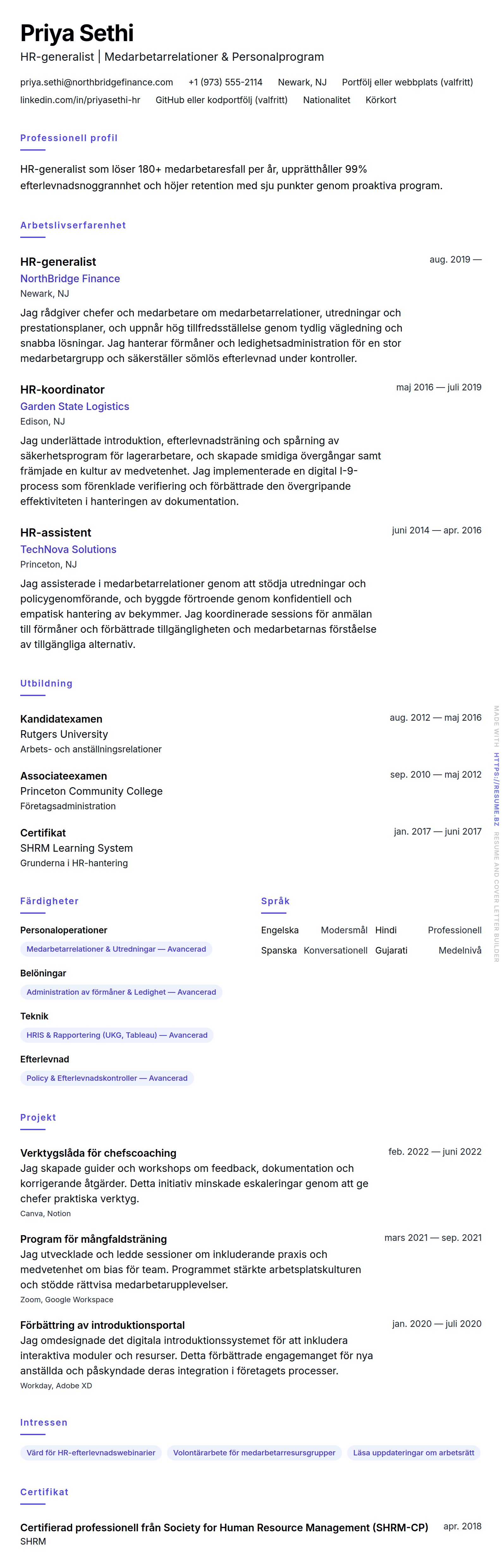 Exempel på CV för HR-generalist